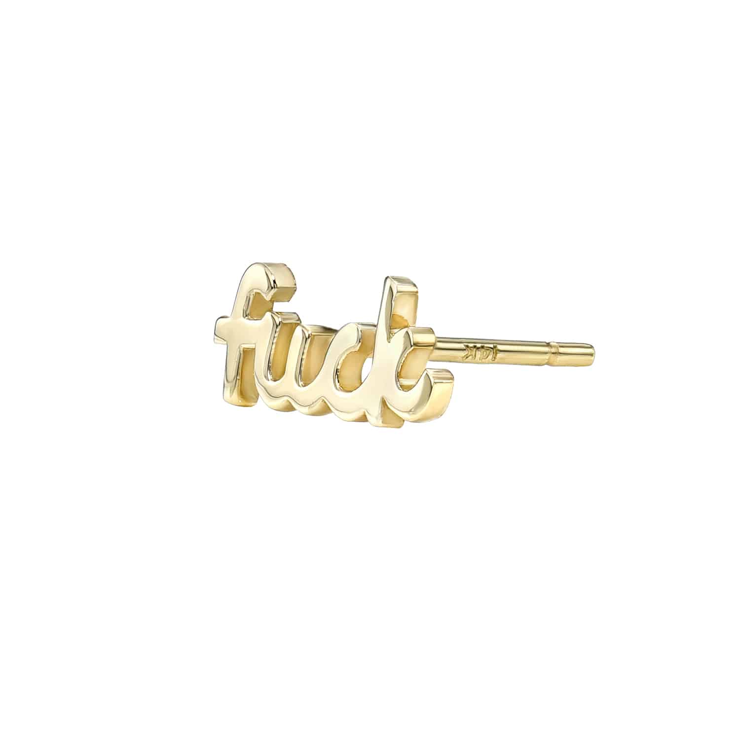 The Mini Plain F**K Stud is a gold-colored earring featuring a stylized expletive in lowercase cursive, offering a minimal yet bold design with a post fastening on a plain white backdrop.