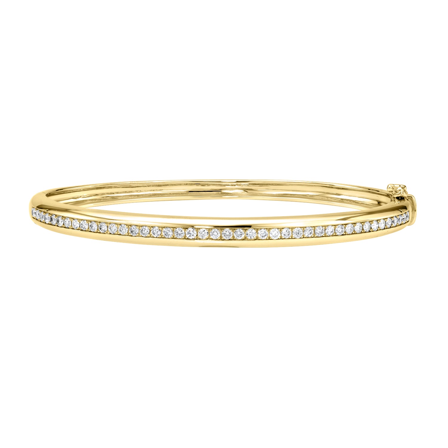 The Single Row Diamond Dome Bangle by Janet Heller Fine Jewelry is a gold bracelet featuring a row of sparkling diamonds along the top. Its elegant design includes a side clasp and offers customization options to match your style.