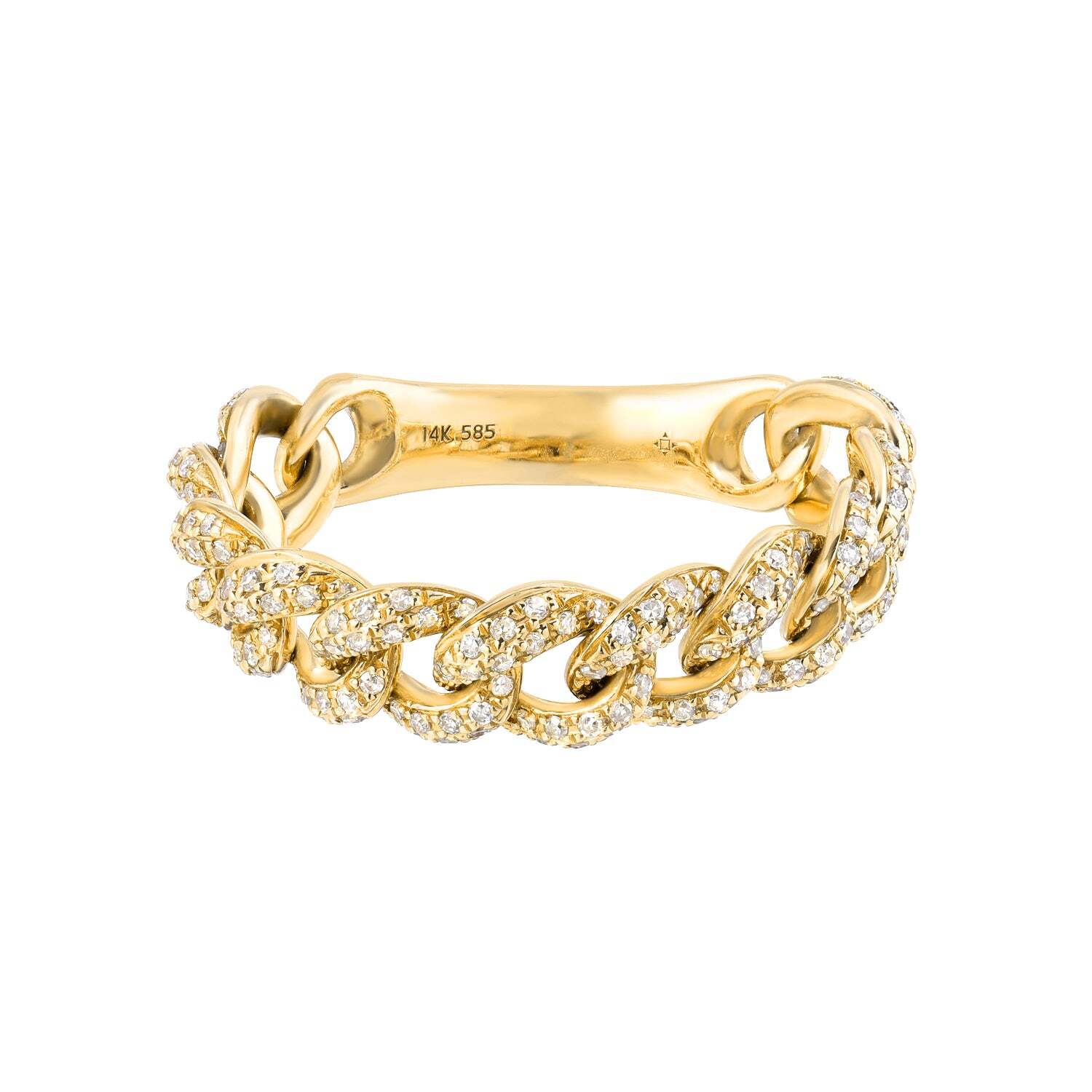 Introducing the Small Diamond Chain Ring by Janet Heller—a fine jewelry piece featuring a gold chain-link design adorned with small diamonds, polished inner band, and intricate link detailing. This elegant ring is available for preorder and exemplifies exquisite craftsmanship and timeless beauty.