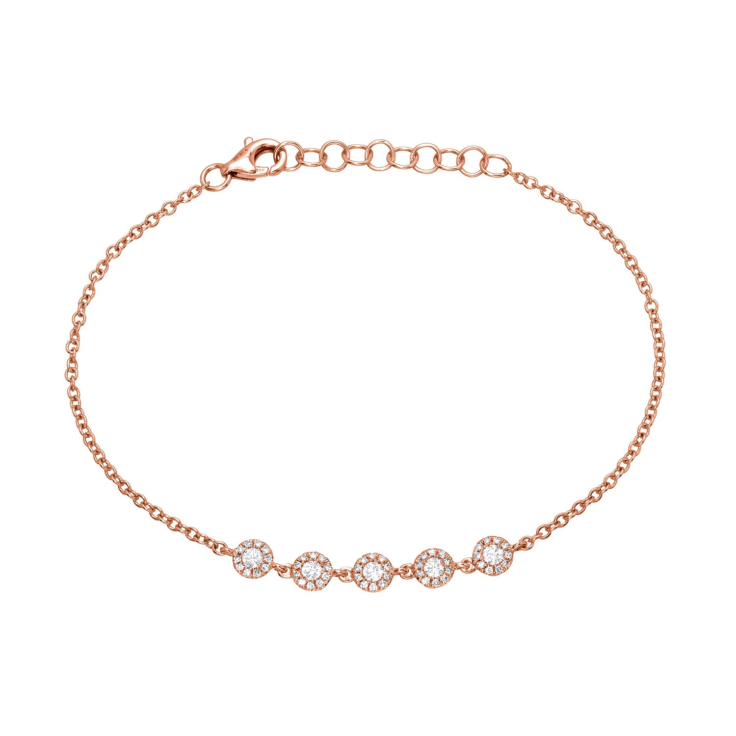 Introducing the 5 Bezel Diamond Bracelet (BRA-155-Y), a stunning rose gold chain bracelet featuring five evenly spaced round diamond clusters and an adjustable clasp, available for $733.00. For custom jewelry or inquiries, explore Janet Heller Fine Jewelry’s exquisite collections.