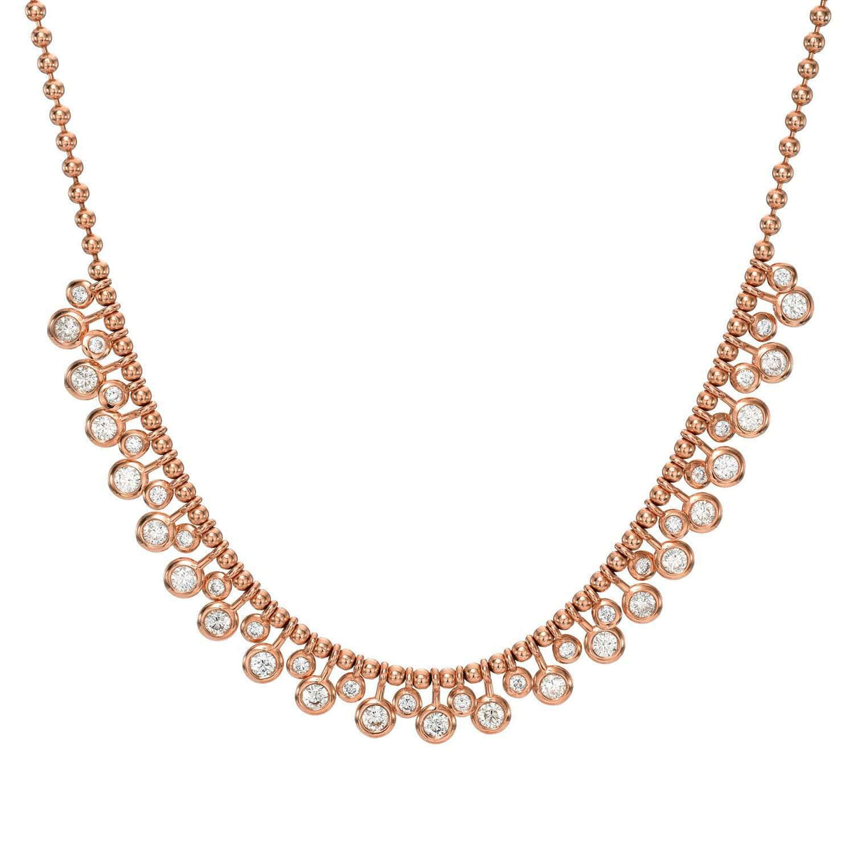 A rose gold Diamond Dangle Toilet Chain Necklace featuring a series of round, sparkling gemstones set in delicate bezels that fan out symmetrically from the center—an exquisite example of custom jewelry from Janet Heller Fine Jewelry.