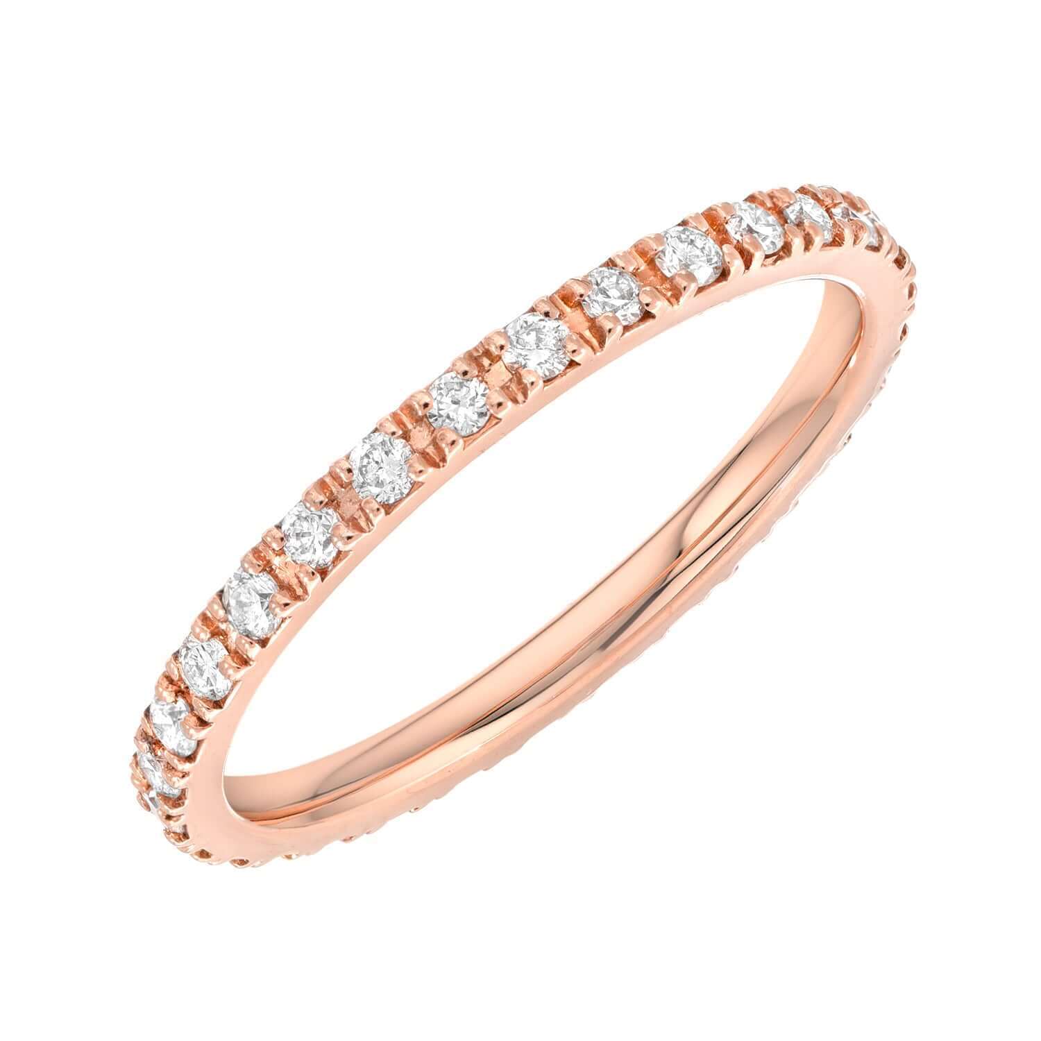The Diamond Ellory Ring by Janet Heller Fine Jewelry features a slim rose gold band accented with a row of small round white diamonds across the top. Available for preorder—please specify your ring size.