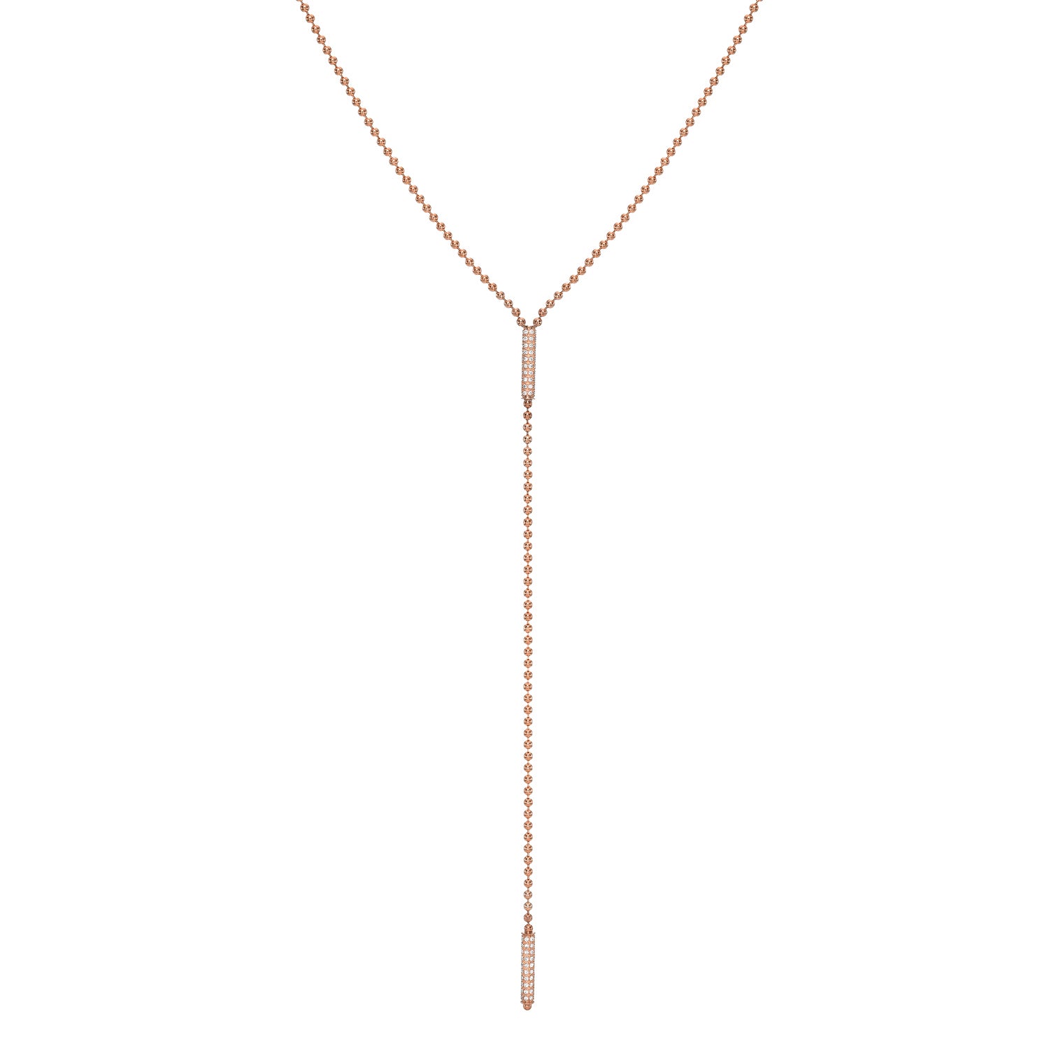 The Toliet Chain Diamond Barrels Lariat from Janet Heller Fine Jewelry is a delicate gold necklace featuring a slender chain with small beads and an elongated Y-shape, highlighted by two thin diamond-studded accents.