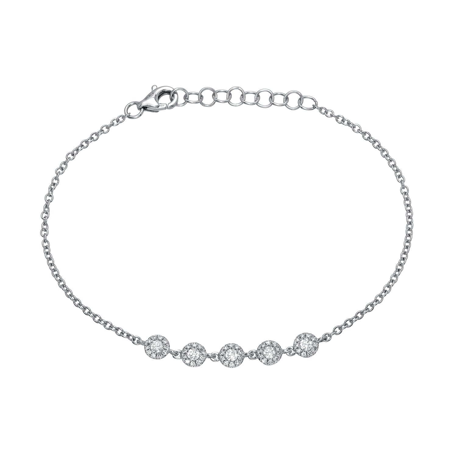 The 5 Bezel Diamond Bracelet from Janet Heller Fine Jewelry features five small, round bezel-set diamonds arranged in a row on a delicate chain with an adjustable clasp—an elegant, fine jewelry piece (SKU: BRA-155-Y | $733.00).