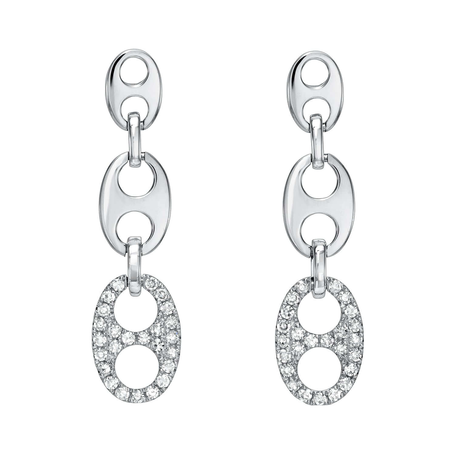 The Diamond Aria Earrings feature an elegant design with three connected oval-shaped links; the top two are silver with circular cutouts, while the bottom links sparkle with diamonds. This luxurious and modern jewelry is customizable upon inquiry.