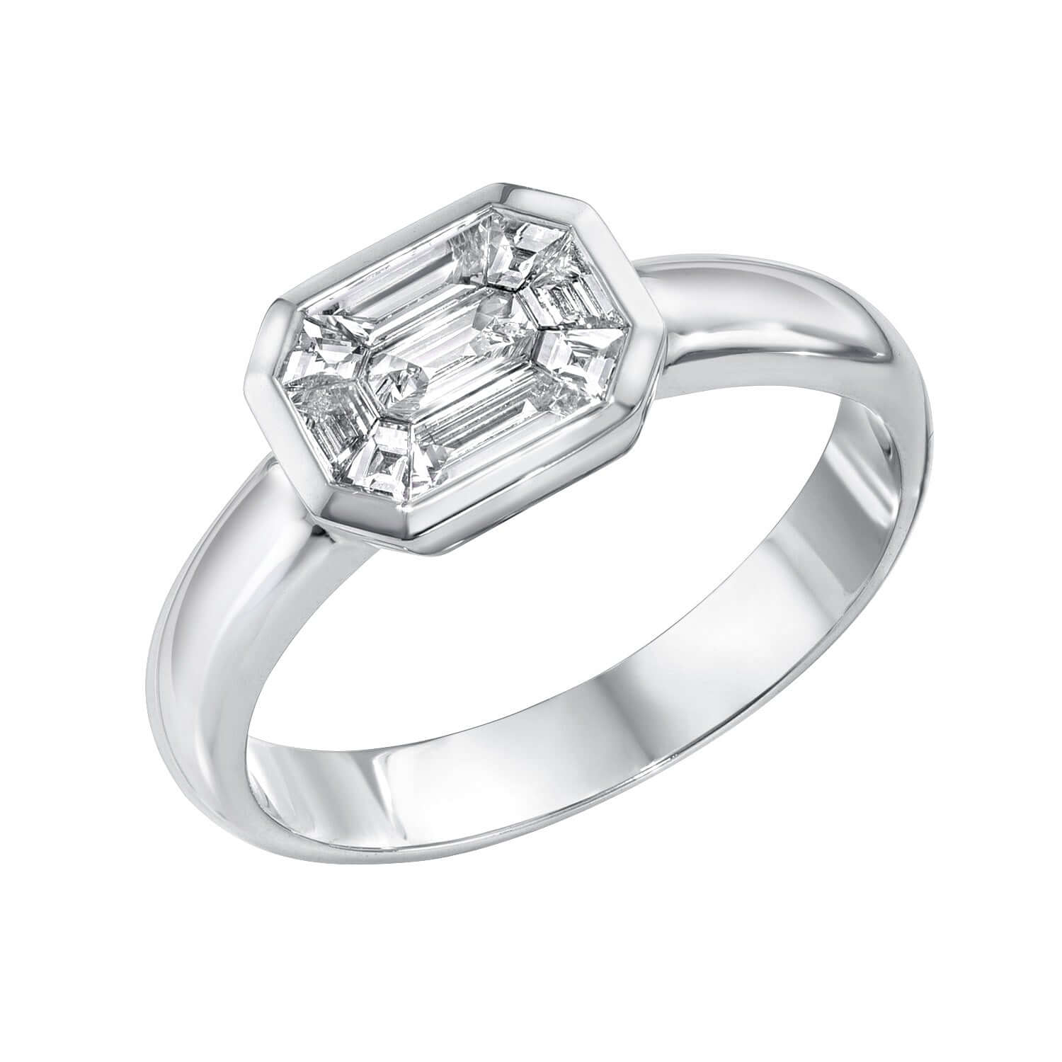 Discover the Diamond Athena Ring: a silver piece with a geometric design featuring clear gemstones in a hexagonal pattern. Its smooth band enhances the stones intricate cut. Available for preorder now.
