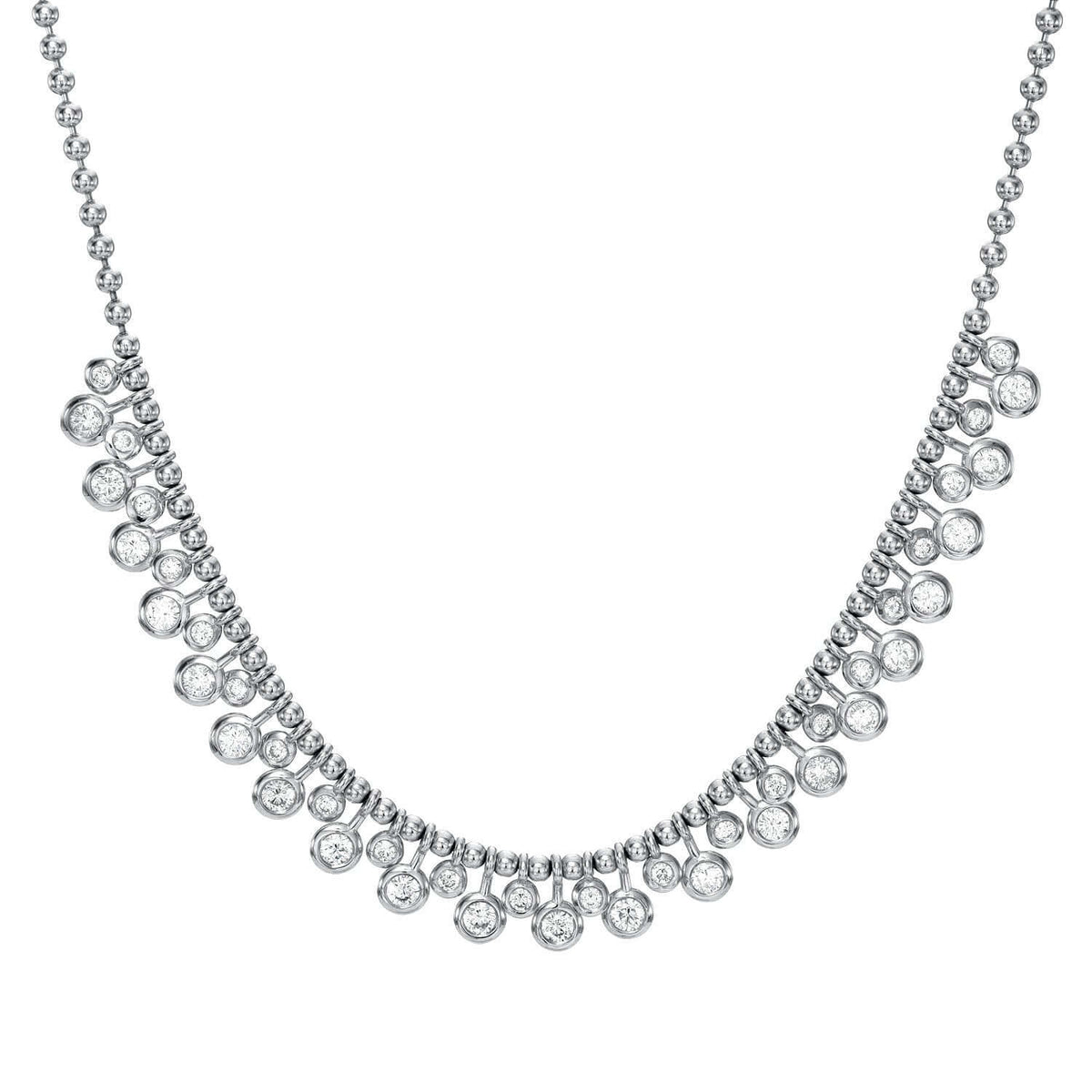 The Diamond Dangle Toilet Chain Necklace features two rows of round, bezel-set clear gemstones, elegantly arranged with increasing density toward the center—an exquisite example of fine jewelry from Janet Heller Fine Jewelry.