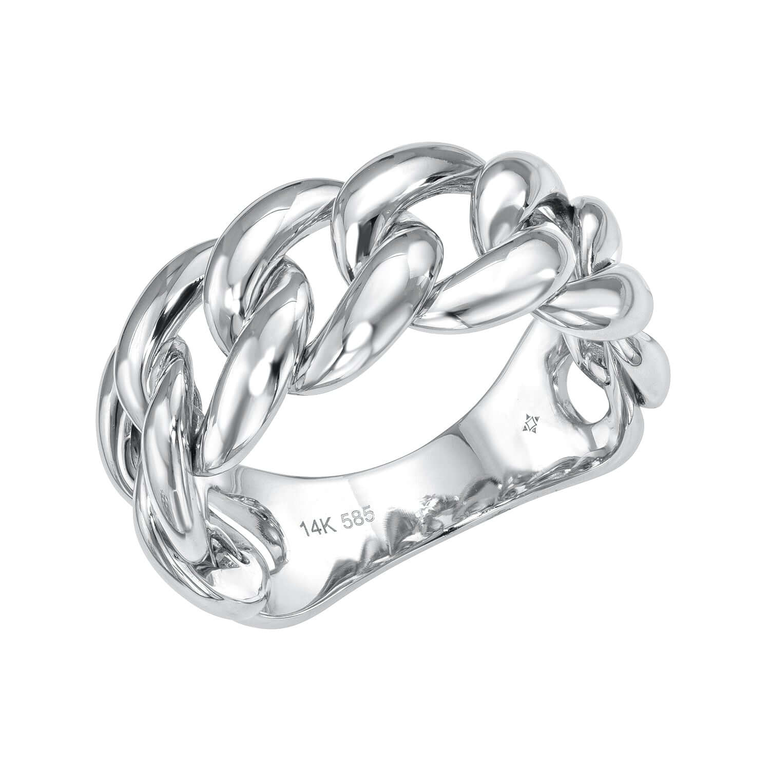 The Plain Cuban Link Ring from Janet Heller Fine Jewelry is is crafted in 14KT gold. It features an interlocking chain design with rounded links.