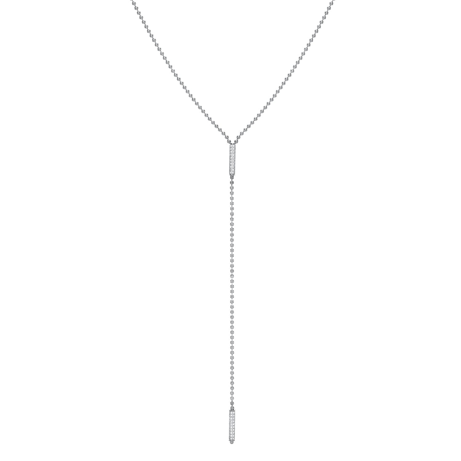 The Toliet Chain Diamond Barrels Lariat from Janet Heller Fine Jewelry is a sleek, silver necklace featuring a delicate chain with slender vertical bars in a minimalist Y shape, perfect for subtly accenting any outfit.