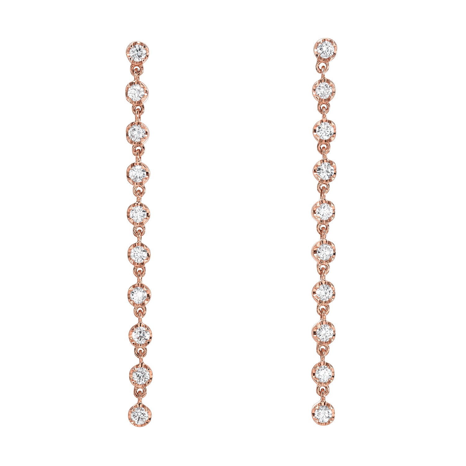 The 10 Drop Diamond Reagan Earrings by Janet Heller feature a vertical line of ten sparkling round diamonds set in elegant rose gold, offering classic sophistication with customization options for a personalized touch.