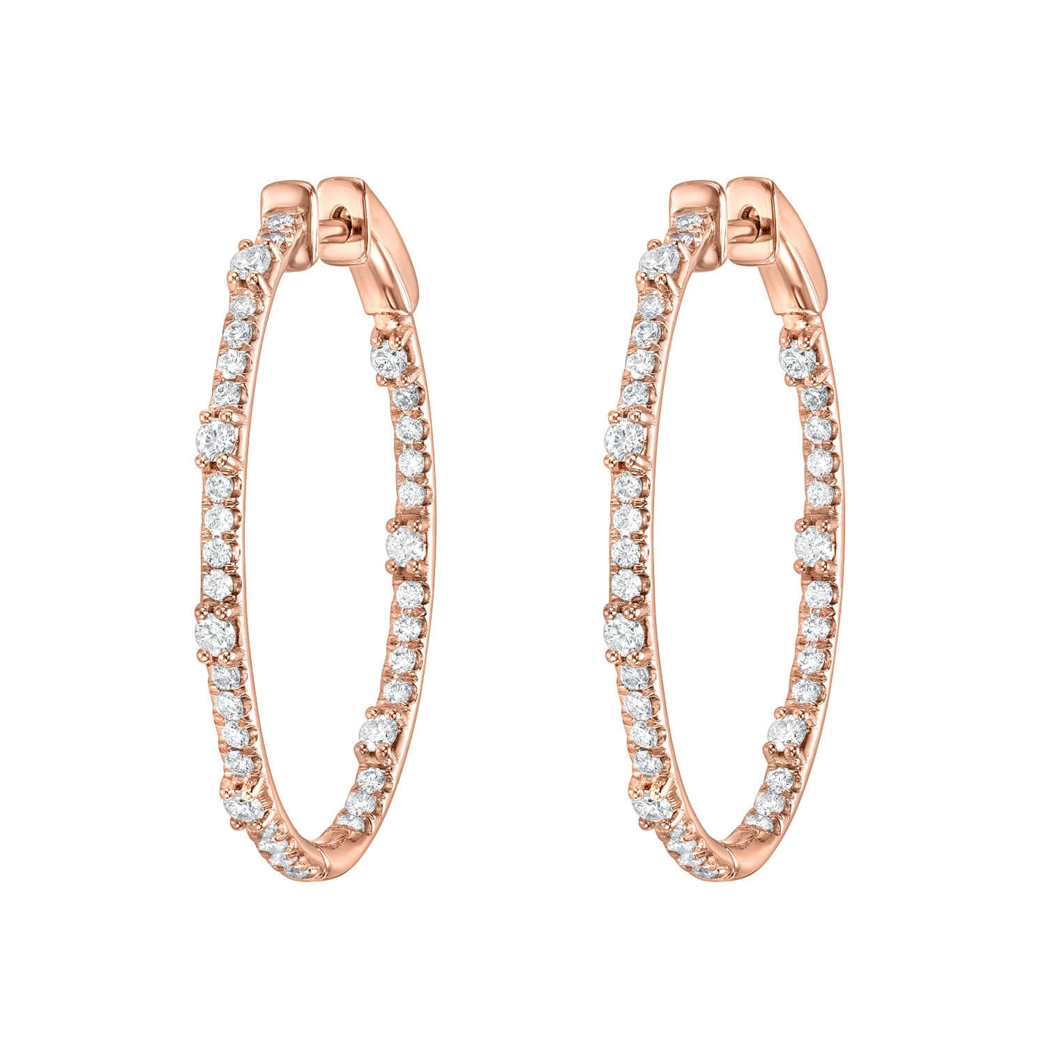 The Oval Chandler Hoops, rose gold earrings from janethellerfinejewelry, are adorned with small white diamonds on the outer edges. Displayed vertically against a white background, they showcase exquisite craftsmanship and define fine jewelry.