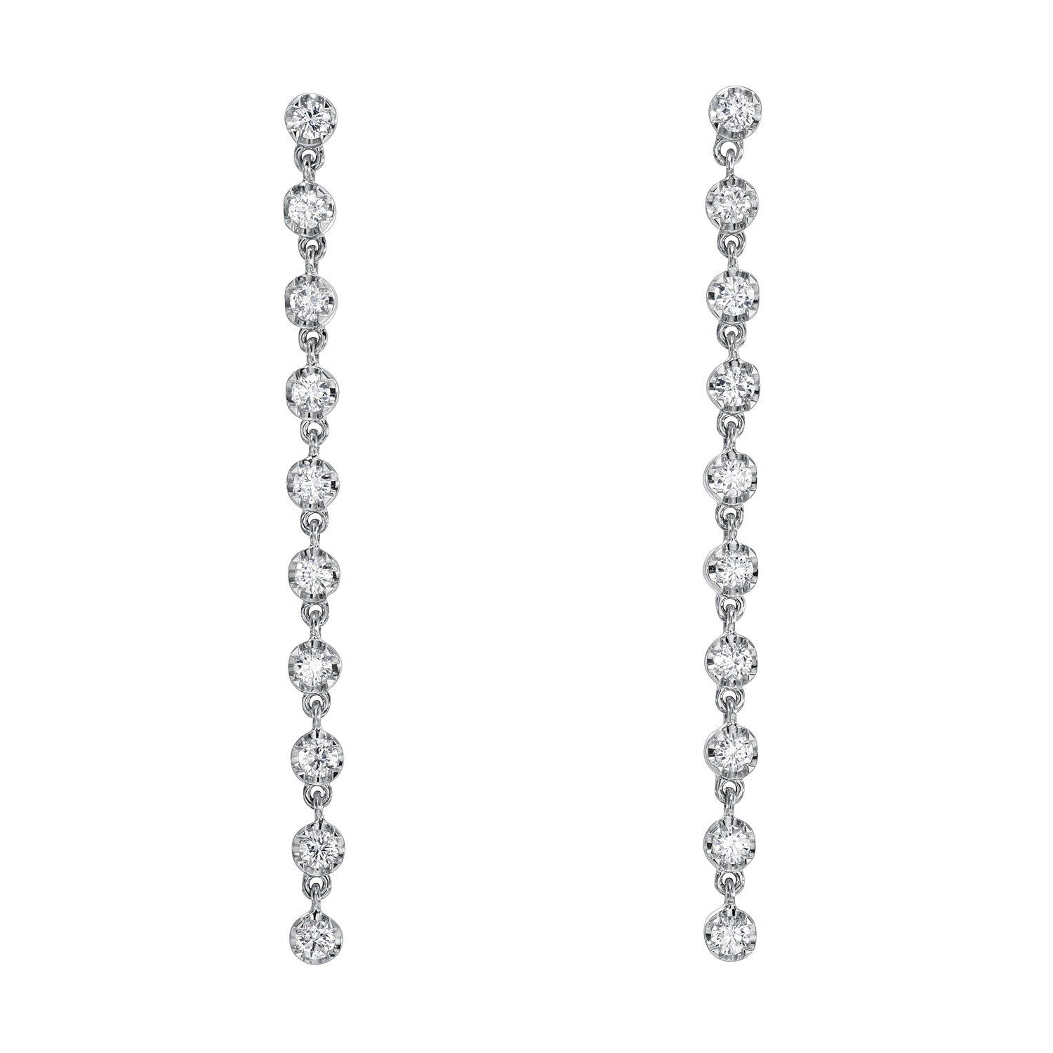 The 10 Drop Diamond Reagan Earrings by Janet Heller are elegant drop earrings featuring a vertical line of 12 small, round, sparkling diamonds set in silver tone, creating a dazzling cascading effect perfect for fine jewelry enthusiasts who appreciate customization.