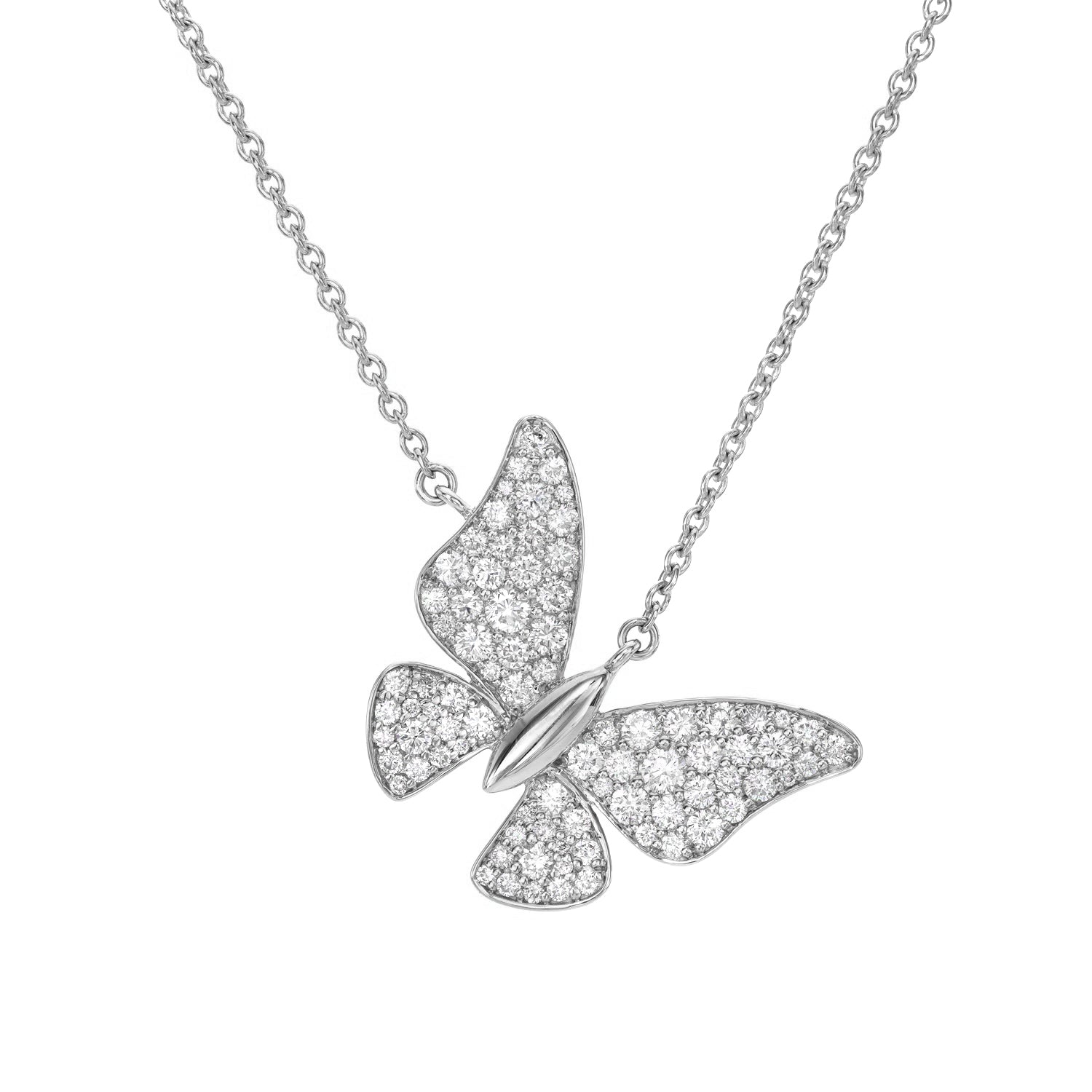 The Large Sideways Butterfly Necklace features a detailed design with shimmering gemstones on an elegant silver chain. For customizations or inquiries, contact janethellerfinejewelry to enhance your collection with elegance and sophistication.