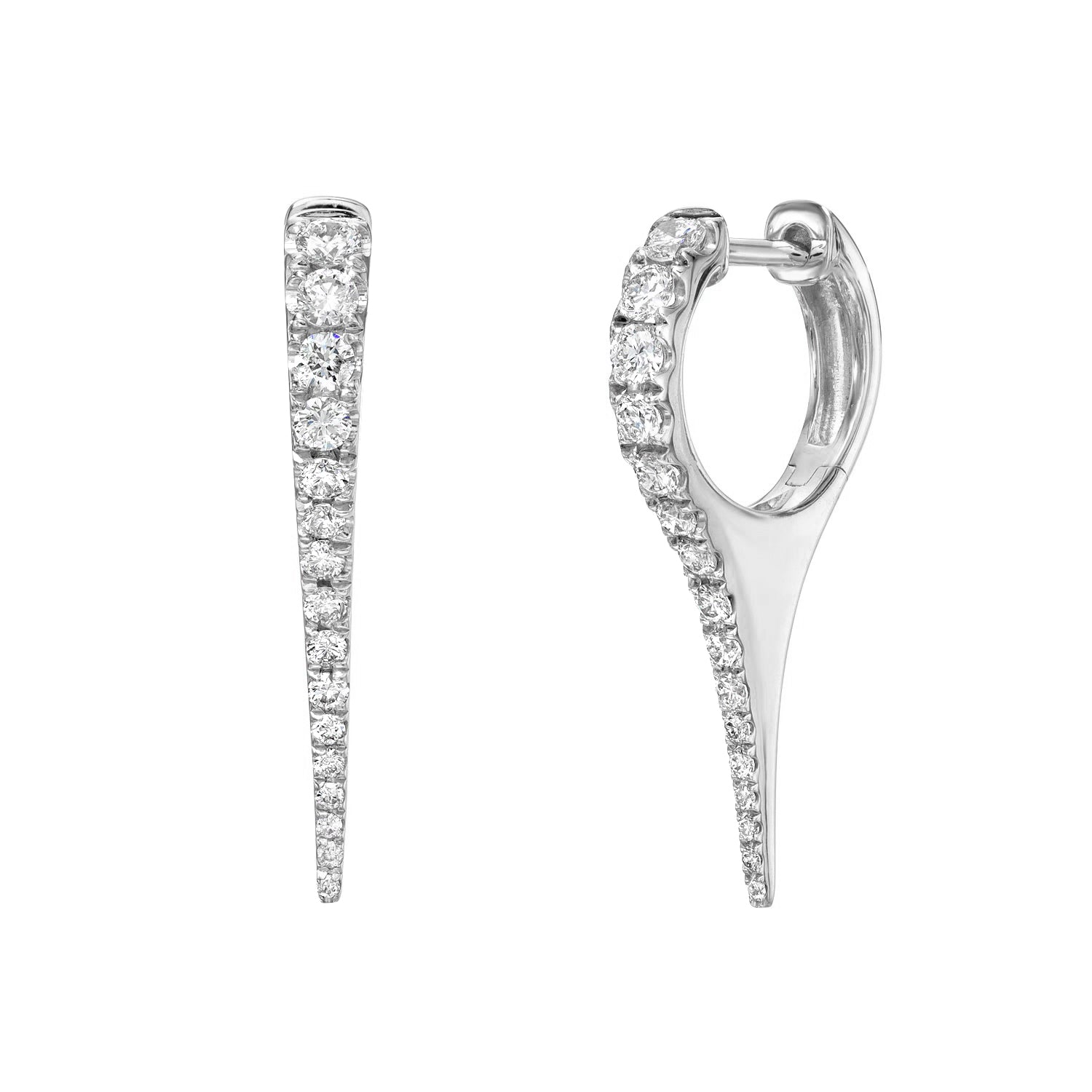 The Diamond Dagger Earrings from Janet Heller Fine Jewelry are crafted in 14KT gold. The earrings feature a row of diamonds with a tapered design. The earring can be worn alone or layered along with ear with other earrings.