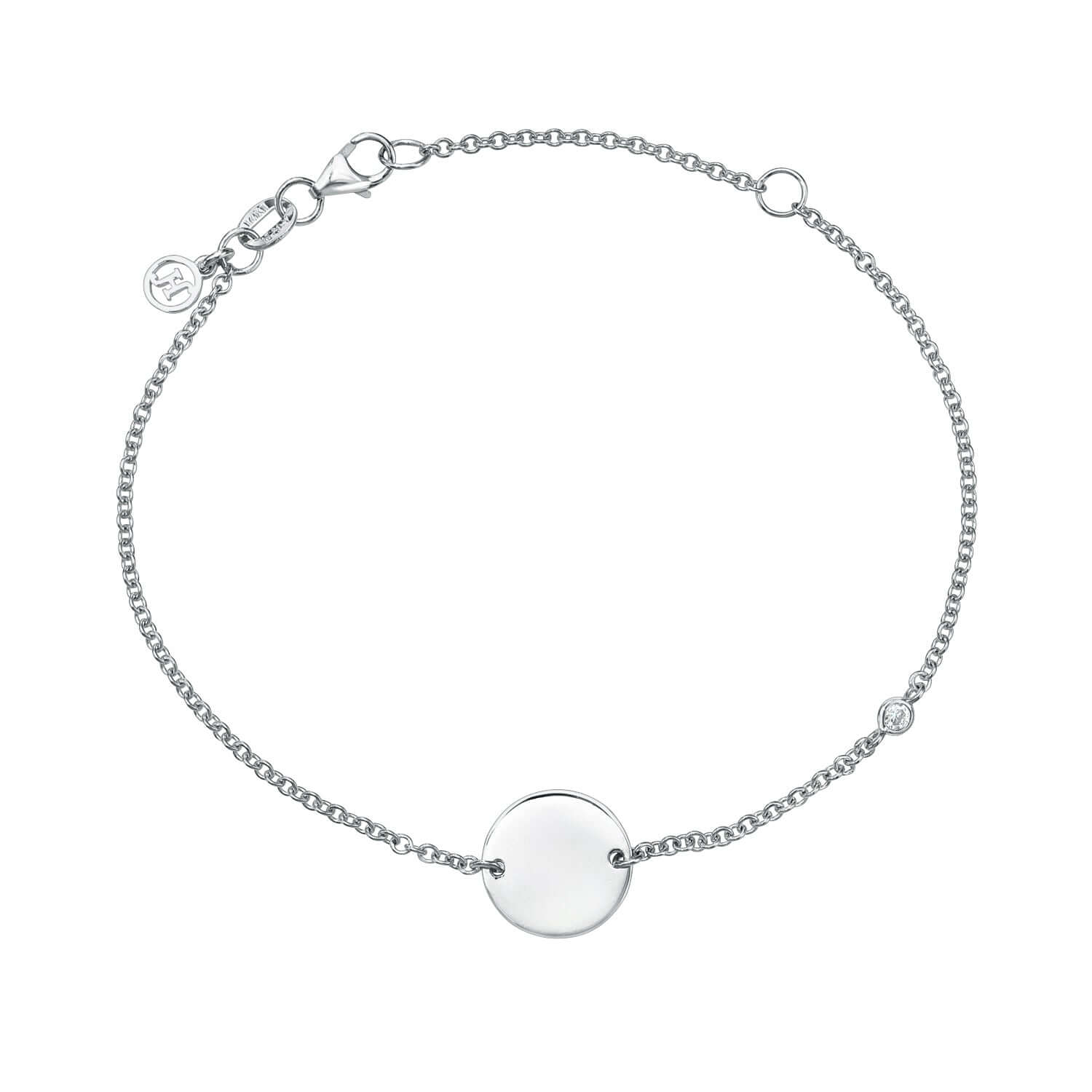 The Mini Diamond Sketch Bracelet is a delicate silver bracelet with a fine chain, featuring a simple round disc charm at the center. It includes a small adjustable clasp and a tiny circular tag near the clasp.