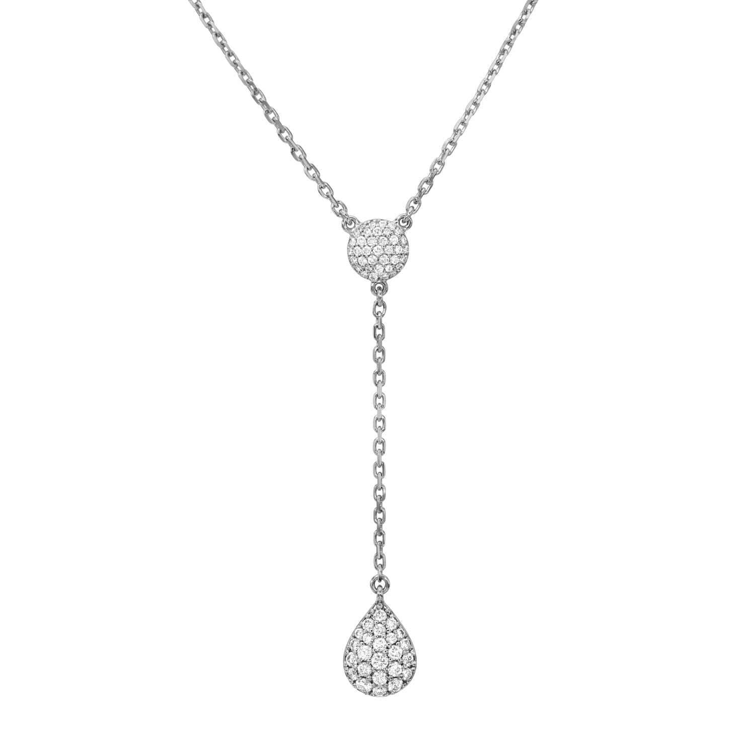 The Diamond Teardrop & Round Lariat Necklace features two teardrop-shaped, white stone-encrusted pendants connected by a delicate chain—a timeless design from Janet Heller Fine Jewelry.