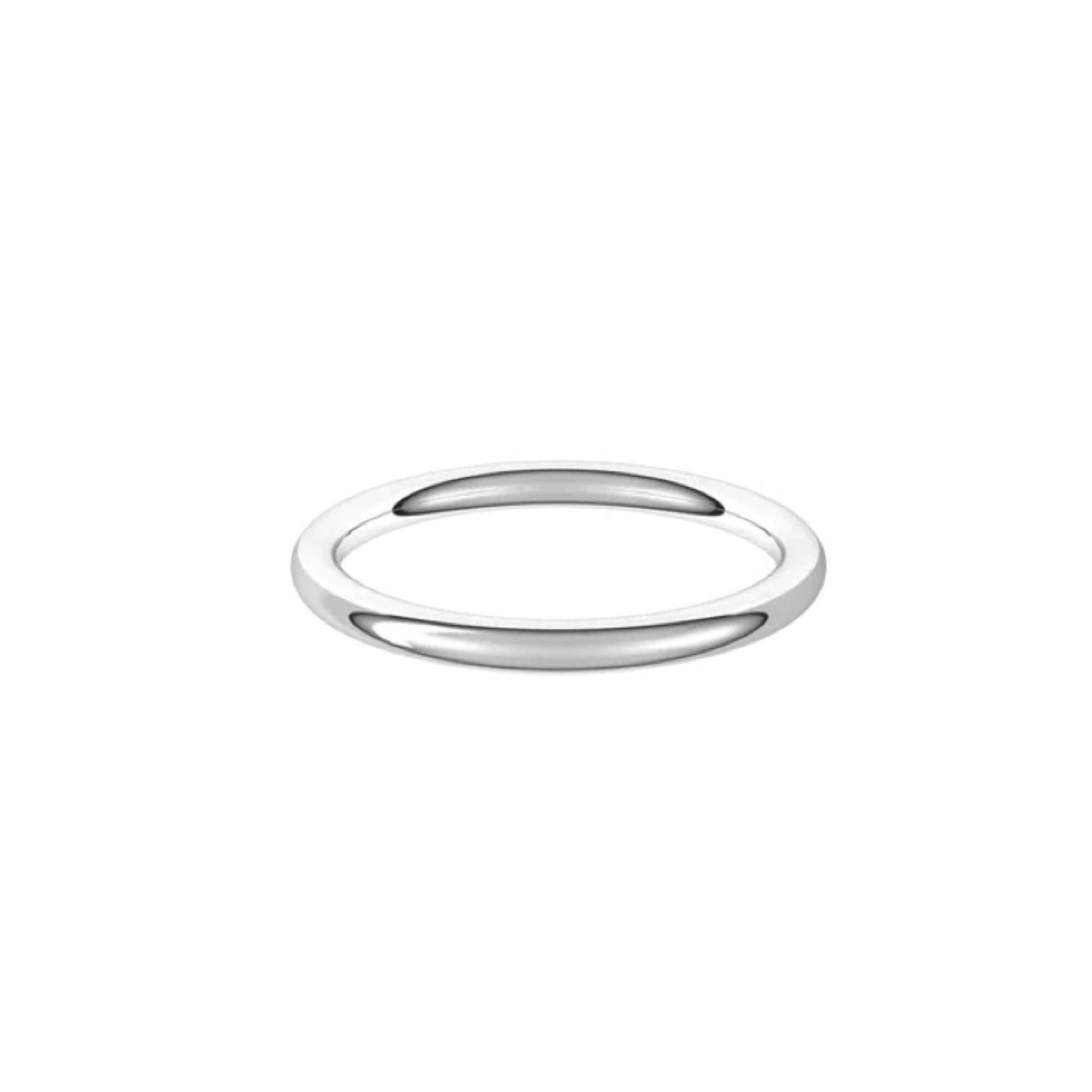 A sleek, thin 2mm full round wedding ring is displayed on a plain white background.