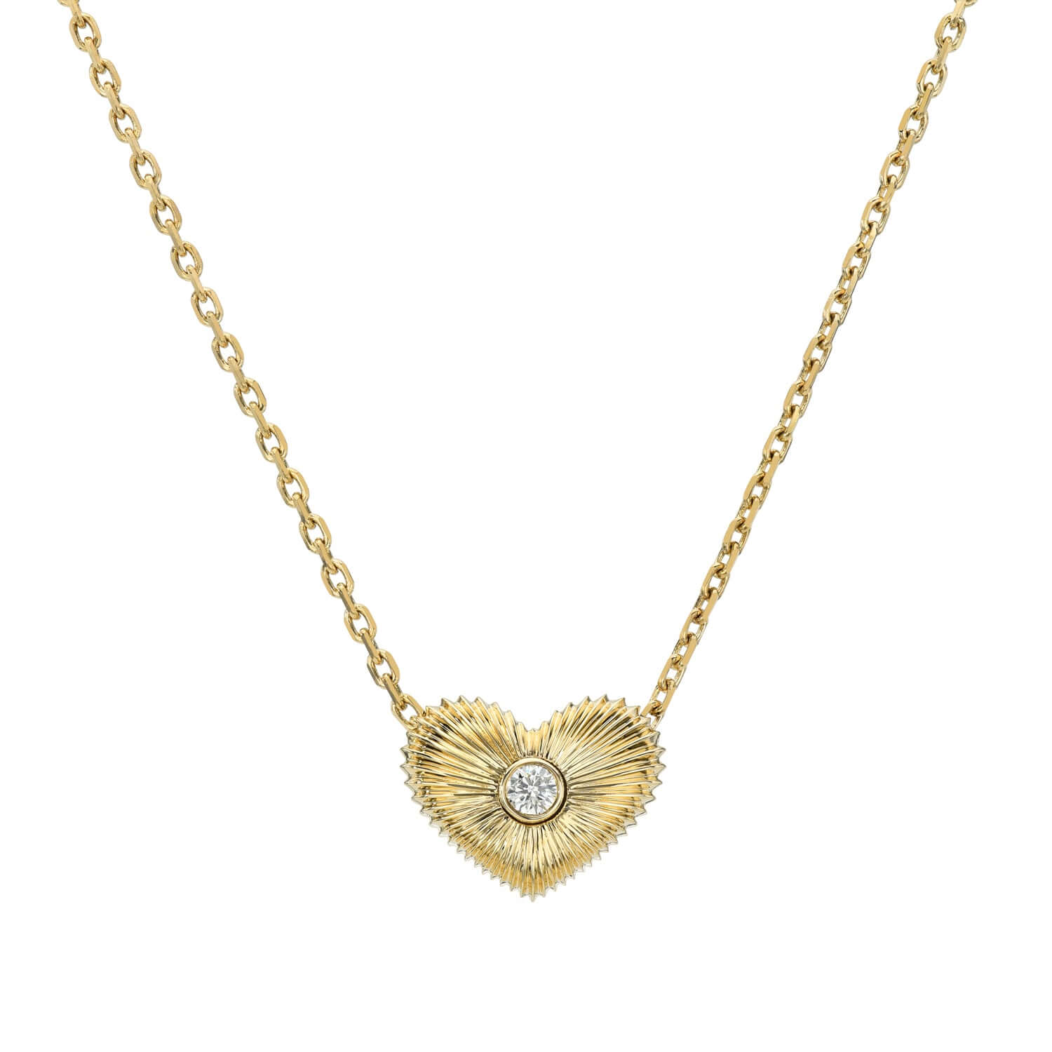 The Diamond Puff Heart Ribbed Necklace is an elegant gold chain, featuring a heart-shaped pendant with textured rays and a central diamond. Perfect for adding personal customizations to make it truly your own.