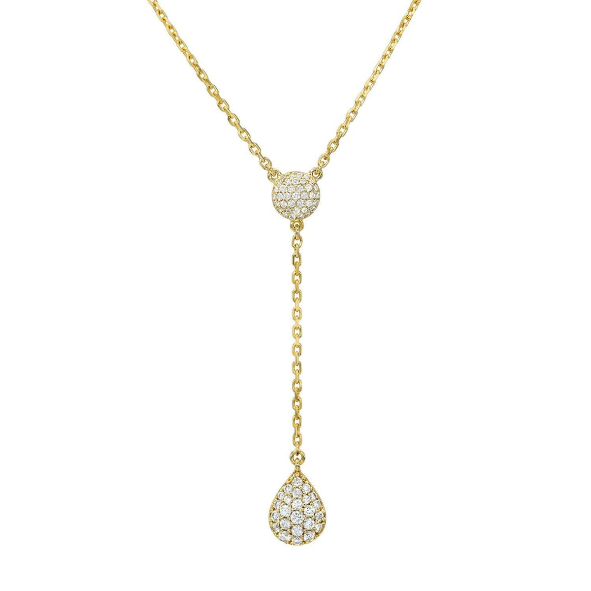 The Diamond Teardrop & Round Lariat Necklace by Janet Heller Fine Jewelry features a Y-shaped gold chain with two diamond clusters—a round center and a teardrop dangle—ideal for custom jewelry lovers.