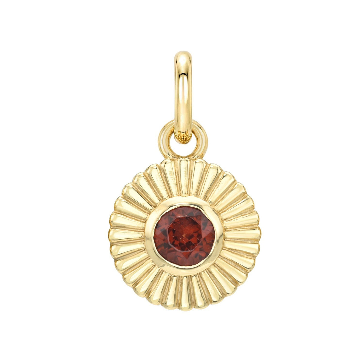 A round gold Birthstone Charms charm featuring a sunburst design centered with a dark red gemstone.