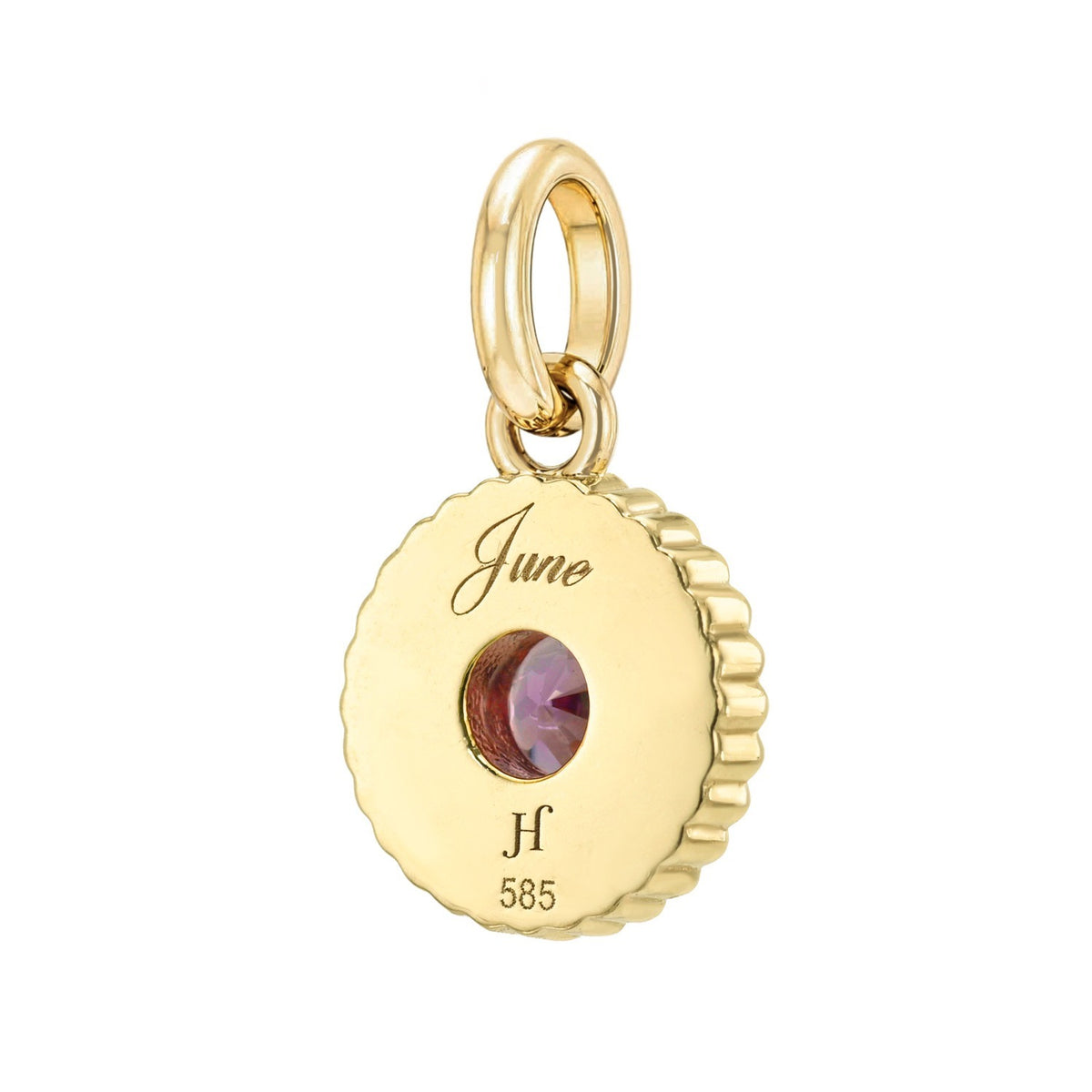 Gold scalloped Birthstone Charms coin engraved with June and a hallmark, set with a small purple birthstone.