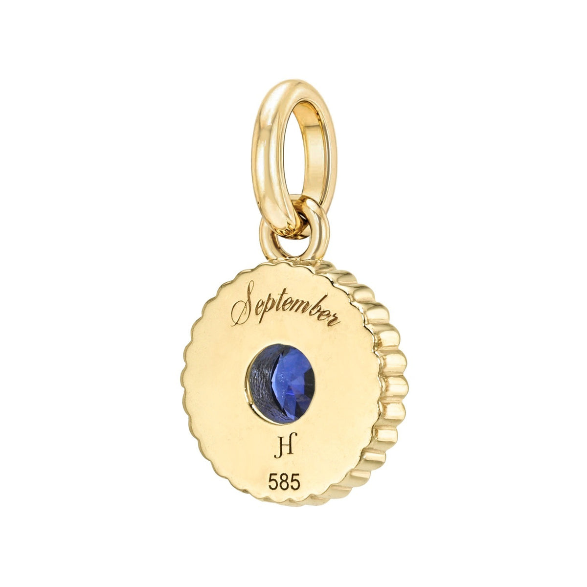 Round gold Birthstone Charms charm with a scalloped edge, featuring a central dark blue stone, the word September engraved at the top, and the hallmarks J and 585 at the bottom.