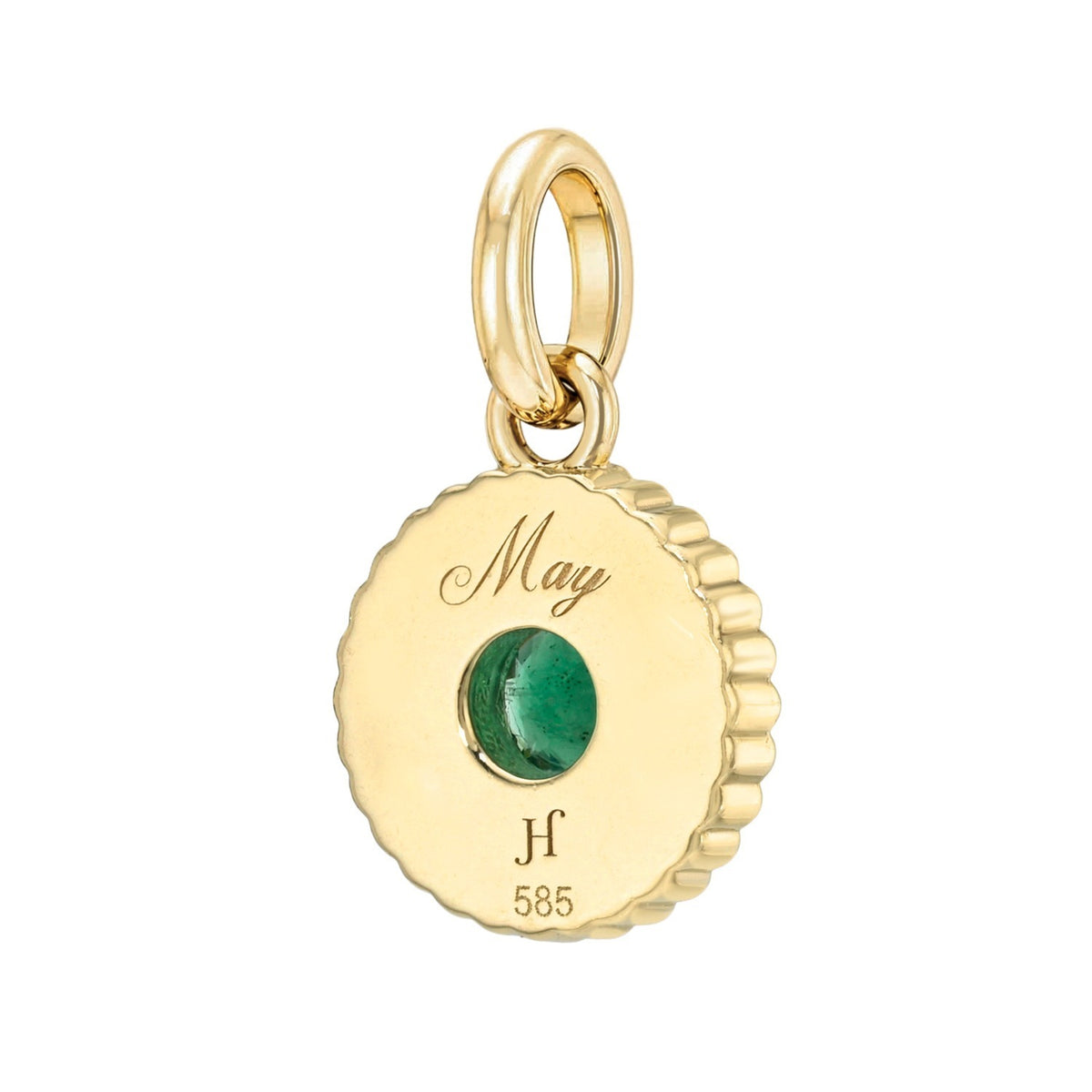 Gold circular Birthstone Charms featuring an inset green gemstone, the word May, and the hallmarks JH and 585.