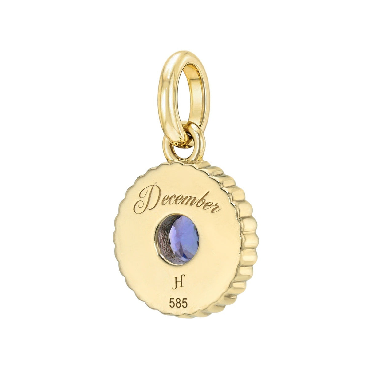 Gold Birthstone Charms featuring a scalloped edge with a purple center stone, engraved with December at the top and H and 585 at the bottom.