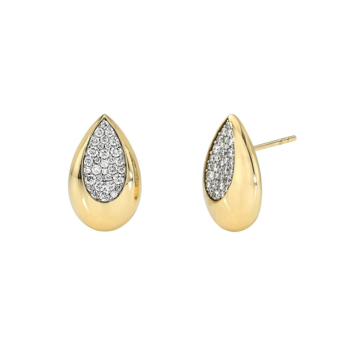 The Diamond Teardrop Nola Earrings from Janet Heller Fine Jewelry are crafted in 14KT gold. The studs feature a center cluster of diamonds, and can be worn alone or layered along the ear with other earrings.