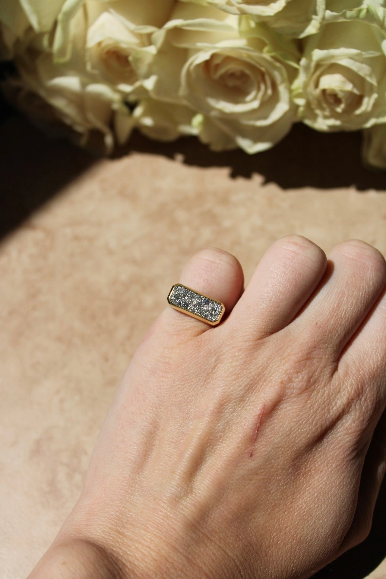 The Horizontal Diamond Rectangle Ring from Janet Heller Fine Jewelry is crafted in 14KT gold. The band features a rectangular design encrusted with diamonds. The ring can be stacked or worn on its own.