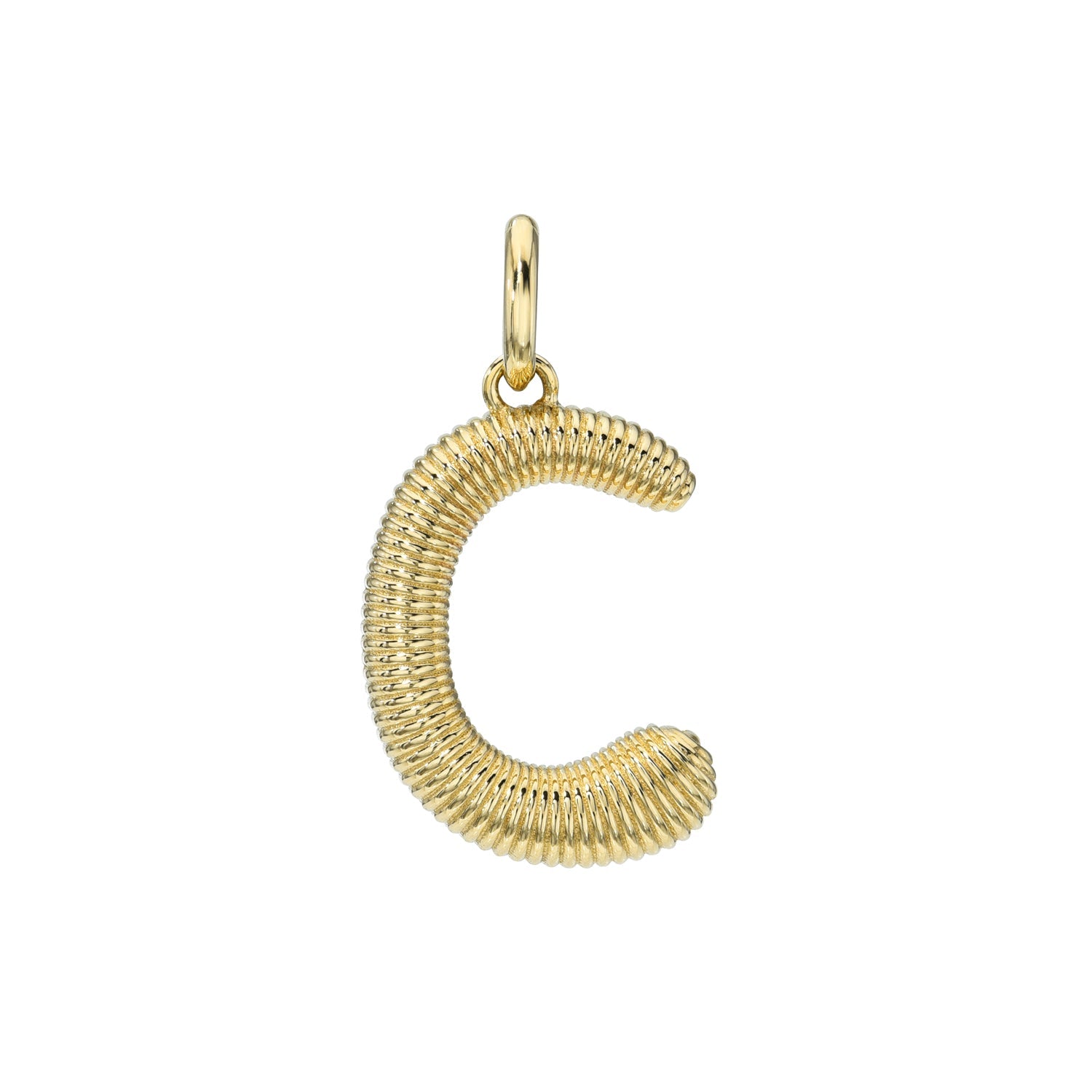 The Large Ridge Letter Charm is a gold pendant shaped like the letter C, with a ribbed texture and top loop for attaching to a chain. Explore personalized options at Janet Heller Fine Jewelry.