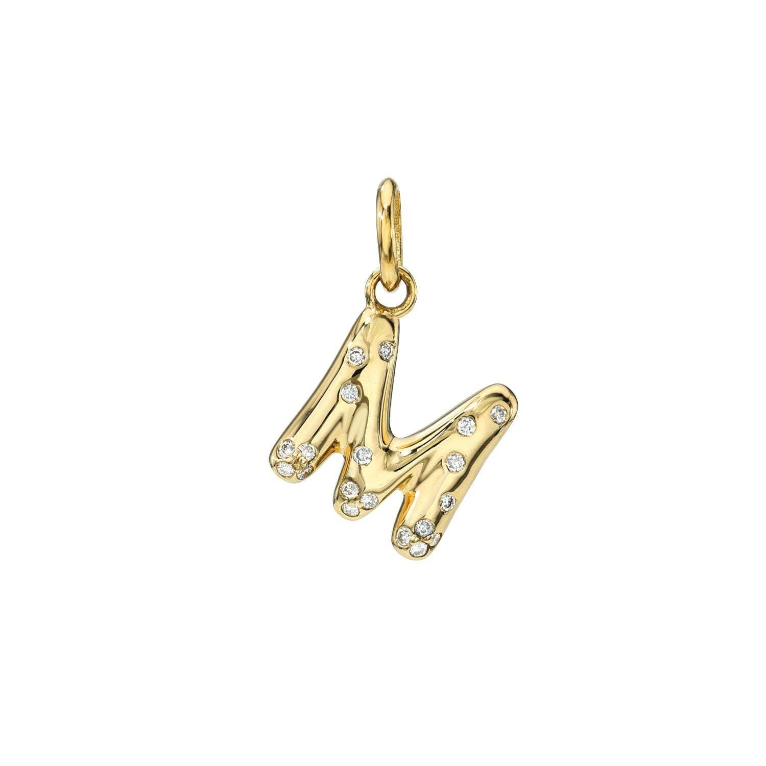The Mini Mosaic Lab Diamond Letter Charm by Janet Heller Fine Jewelry features a gold letter M adorned with lab diamonds and a top loop for easy attachment to necklaces or other charms.