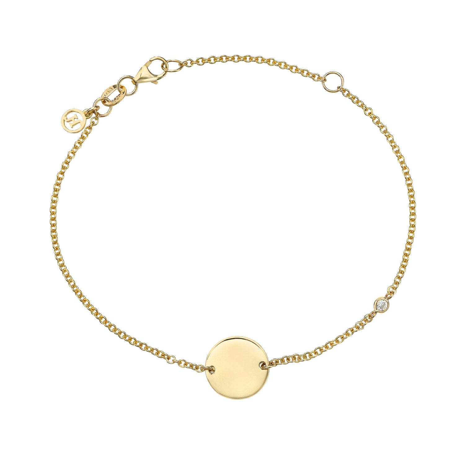 Part of the Sketch Collection, the Mini Diamond Sketch Bracelet from Janet Heller Fine Jewelry is crafted in 14KT gold.  The delicate chain bracelet features a small diamond and a round engraveable charm.  The bracelet has an adjustable clasp and can be worn alone or layered with other bracelets.