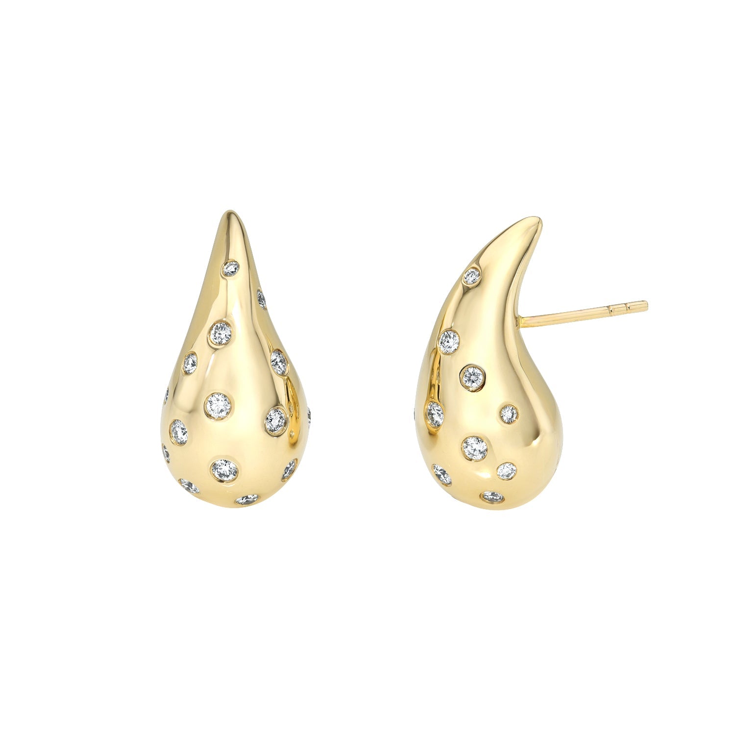 The Teardrop Scattered Diamond Studs by Janet Heller Fine Jewelry are crafted in 14KT gold.  The earrings feature small circular diamond inlays. The studs can be worn alone or layered along the ear with other earrings.