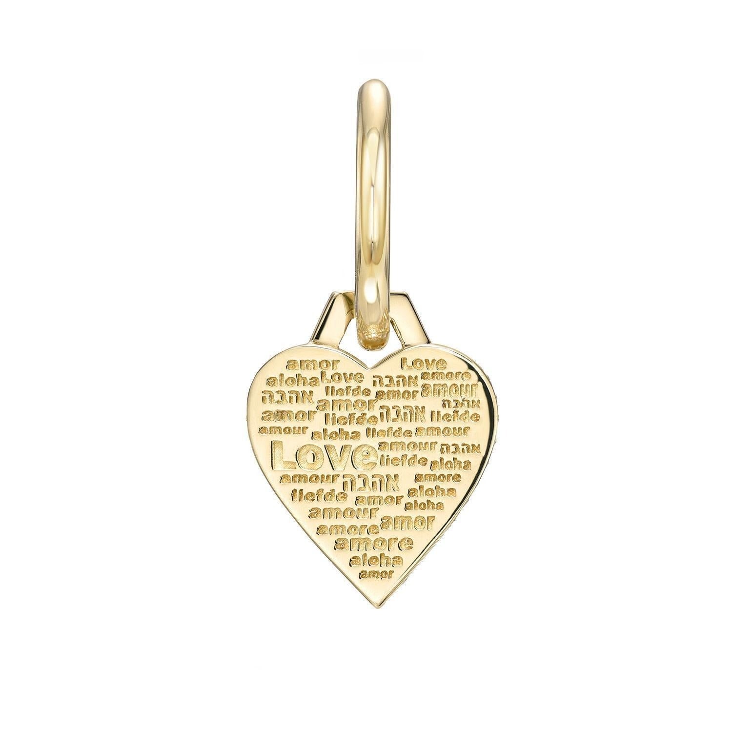 Here’s a rewritten version using your product data: The 14KY Universal Language Earring is crafted in luminous 14-karat yellow gold, featuring an elegant heart-shaped design engraved with the word "love" in various languages. Reminiscent of the cherished pendant, this earring hangs gracefully from a simple gold loop.