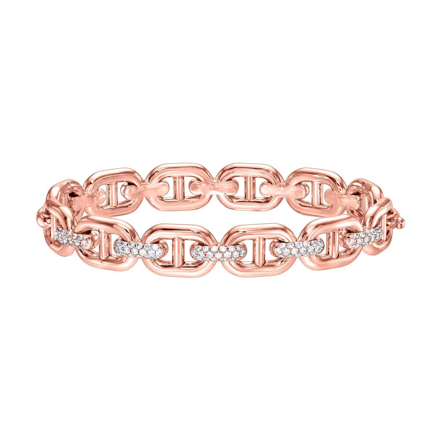 The Diamond Mariner Link Bangle is an elegant rose gold bracelet with interlocking chain links, some adorned with small sparkling diamonds forming a stunning pattern. This luxurious piece offers optional customizations to make it uniquely yours.