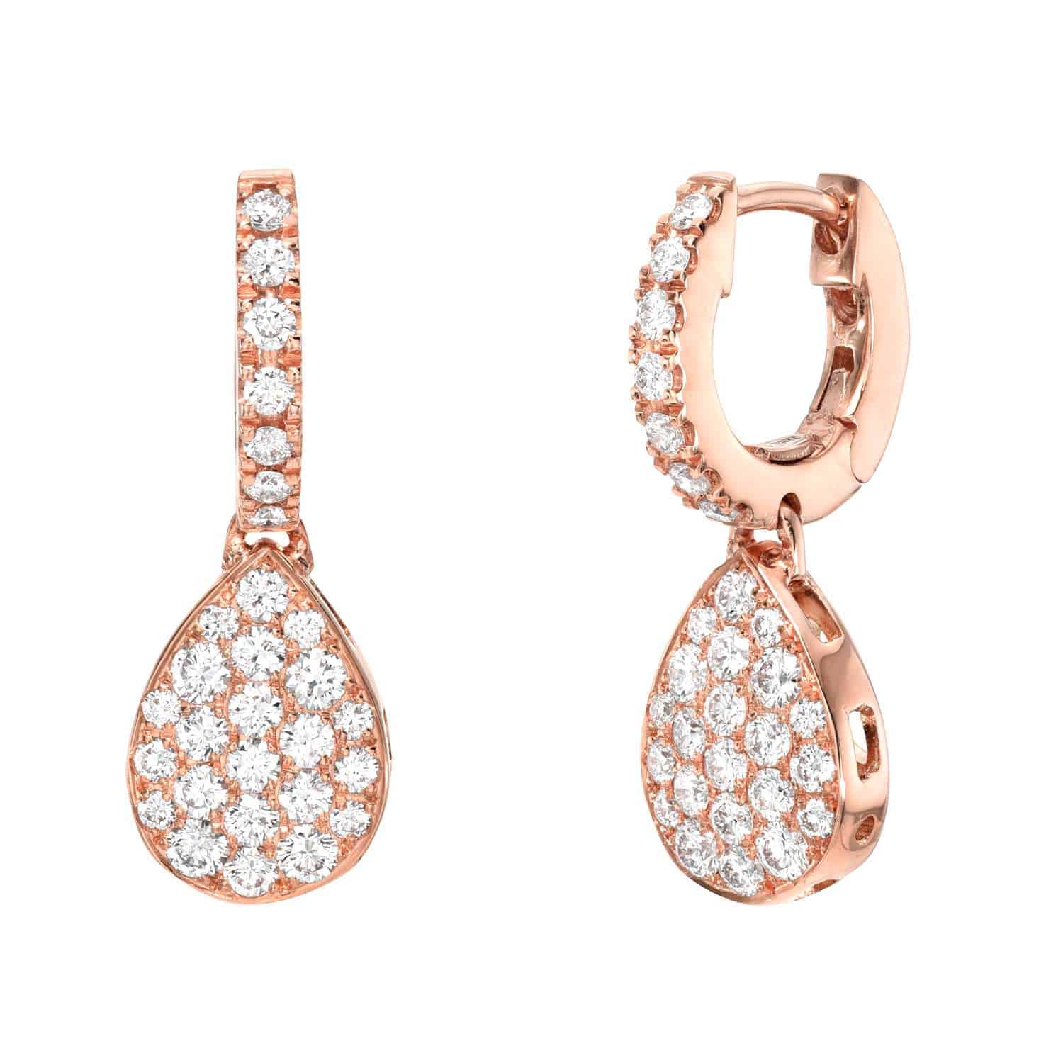 Explore the elegance of Janet Heller Fine Jewelrys Pear Shaped Diamond Earrings. These rose gold teardrop earrings boast a hoop design and a dangling pendant adorned with clear gemstones. Personalize them with customizations for a unique touch.
