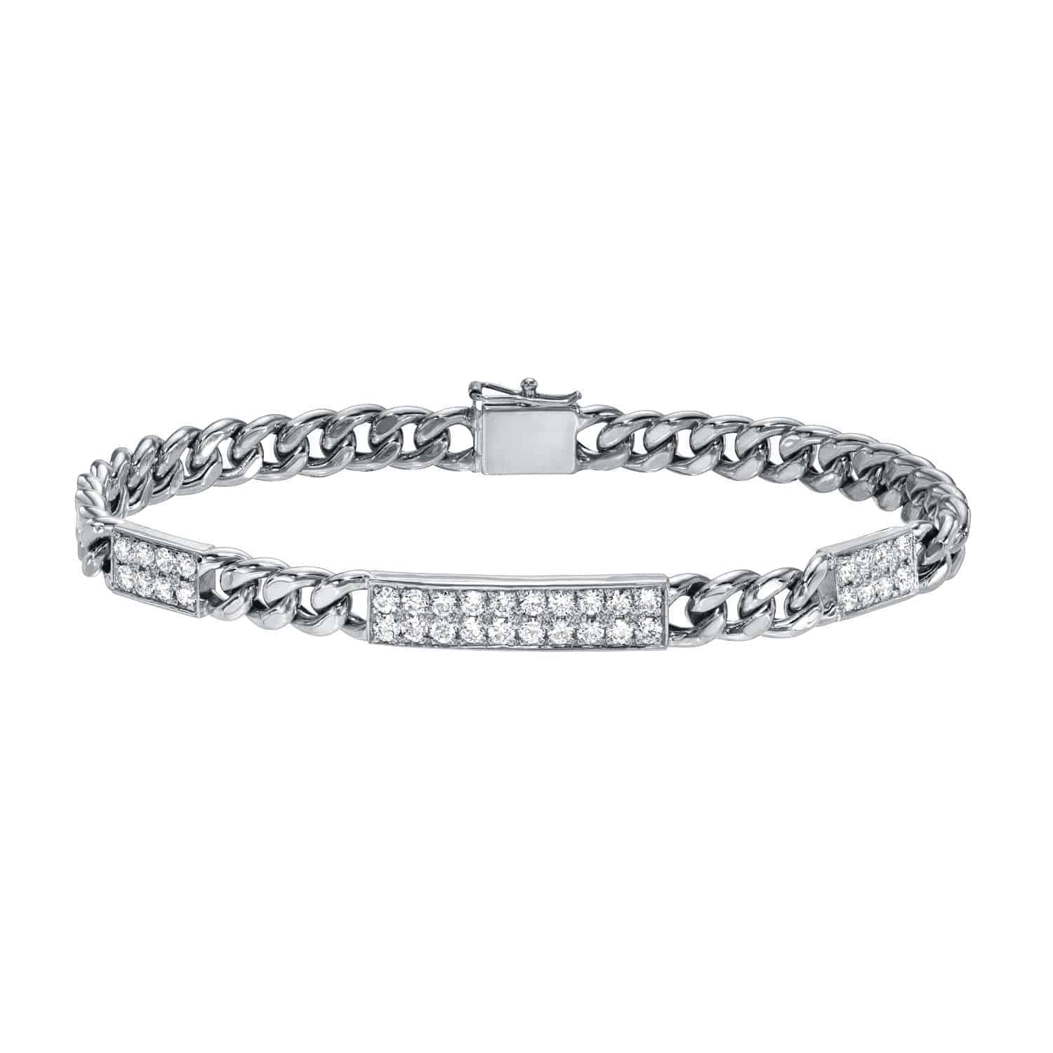 The Cuban Link Diamond Bars Bracelet is a silver chain bracelet with a lobster clasp, featuring rectangular segments encrusted with small diamonds. Its polished finish and modern design complement any look, while offering customizations to suit your unique style.