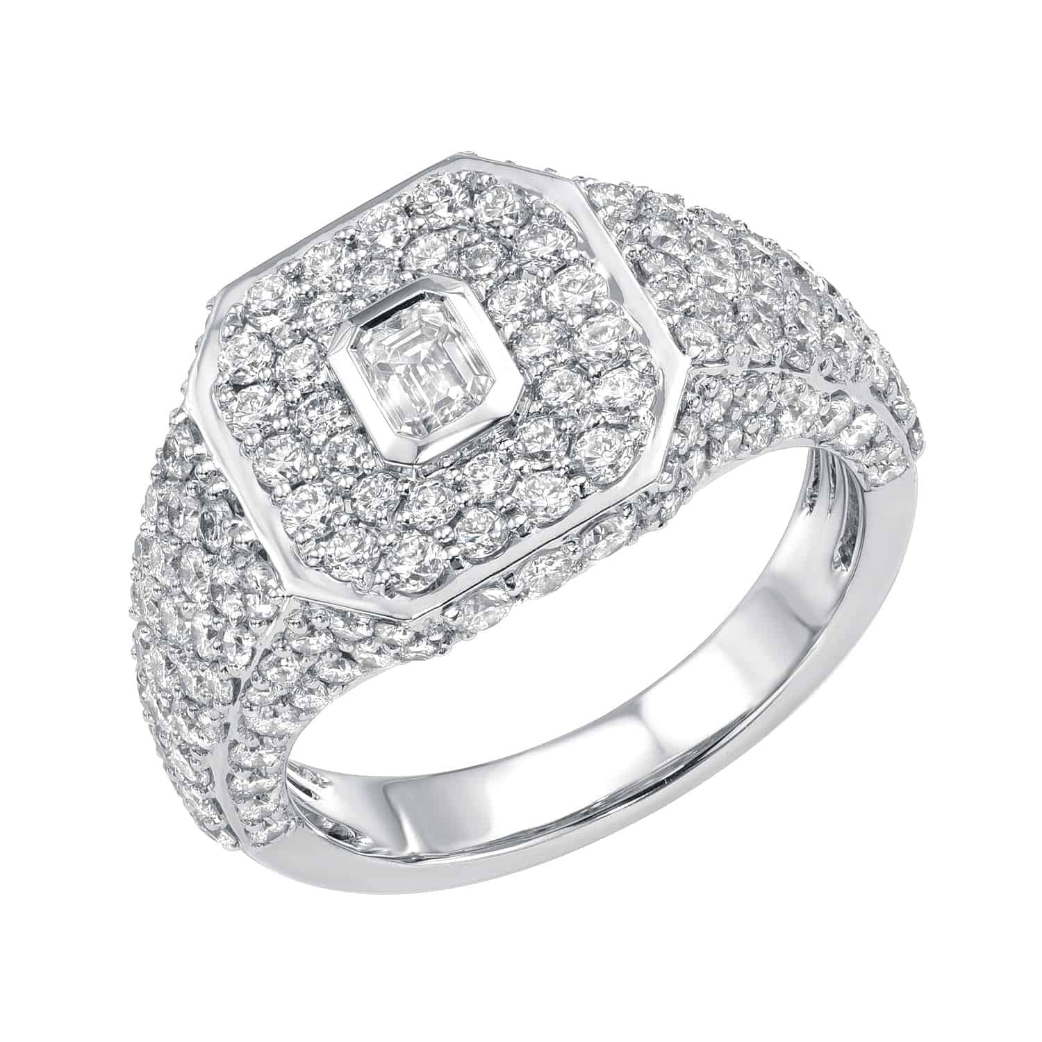 Introducing the Diamond Acacia Pinky Ring from Janet Heller’s fine jewelry collection—an exquisite silver ring showcasing a hexagonal cluster of small diamonds and a striking emerald-cut diamond at its center. Multiple rows of diamonds shimmer along the band, creating a look of elevated elegance. Available for preorder for those who desire refined sophistication.