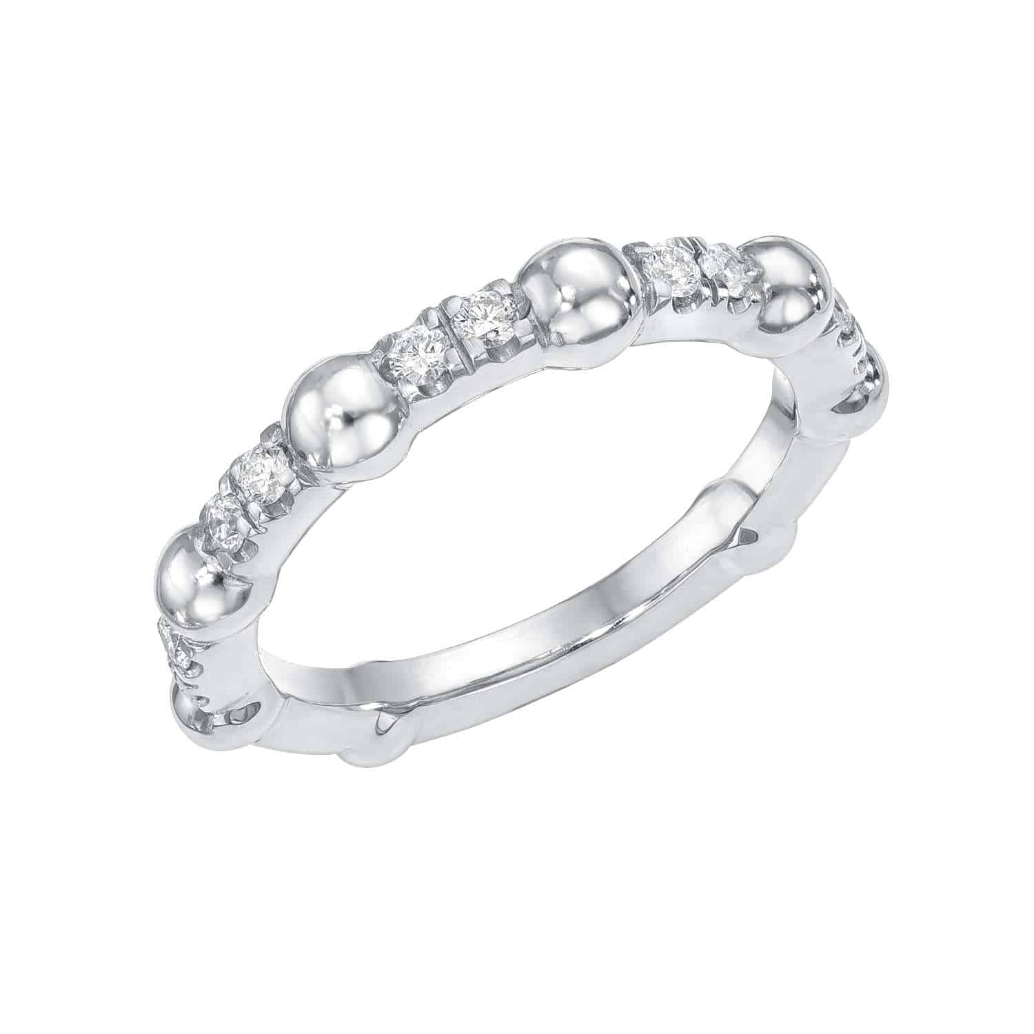 The Diamond Bubble Ring is a stunning silver piece, showcasing alternating round silver beads and clear gemstones against a plain white background. Perfect for any collection, its now available for preorder.