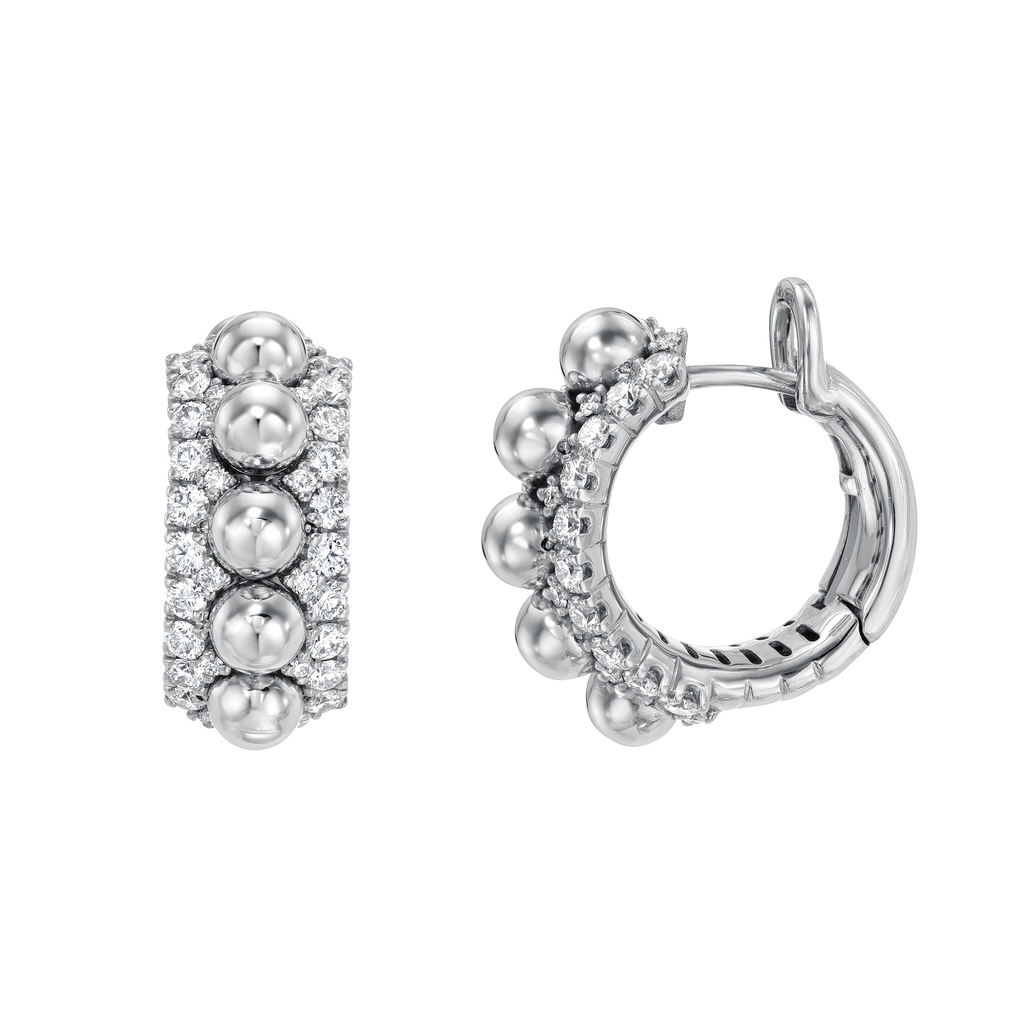 The Diamond Bauble Hoops from Janet Heller Fine Jewelry feature silver balls and sparkling gemstones in alternating rows. With a sleek design and latch-back closure, these earrings are both chic and elegant. For customizations or inquiries, please contact us.