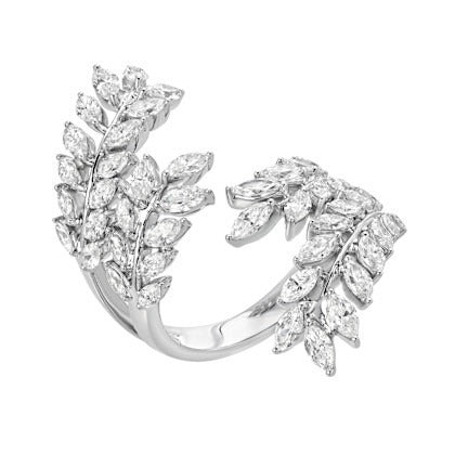 Introducing the 18KW Diamond Vine Ring (SZ6.5): Expertly crafted from 18KW white gold, this sophisticated ring features two leafy branches adorned with marquise-cut diamonds. The branches elegantly curve toward each other without meeting, creating a chic open-front design inspired by nature.