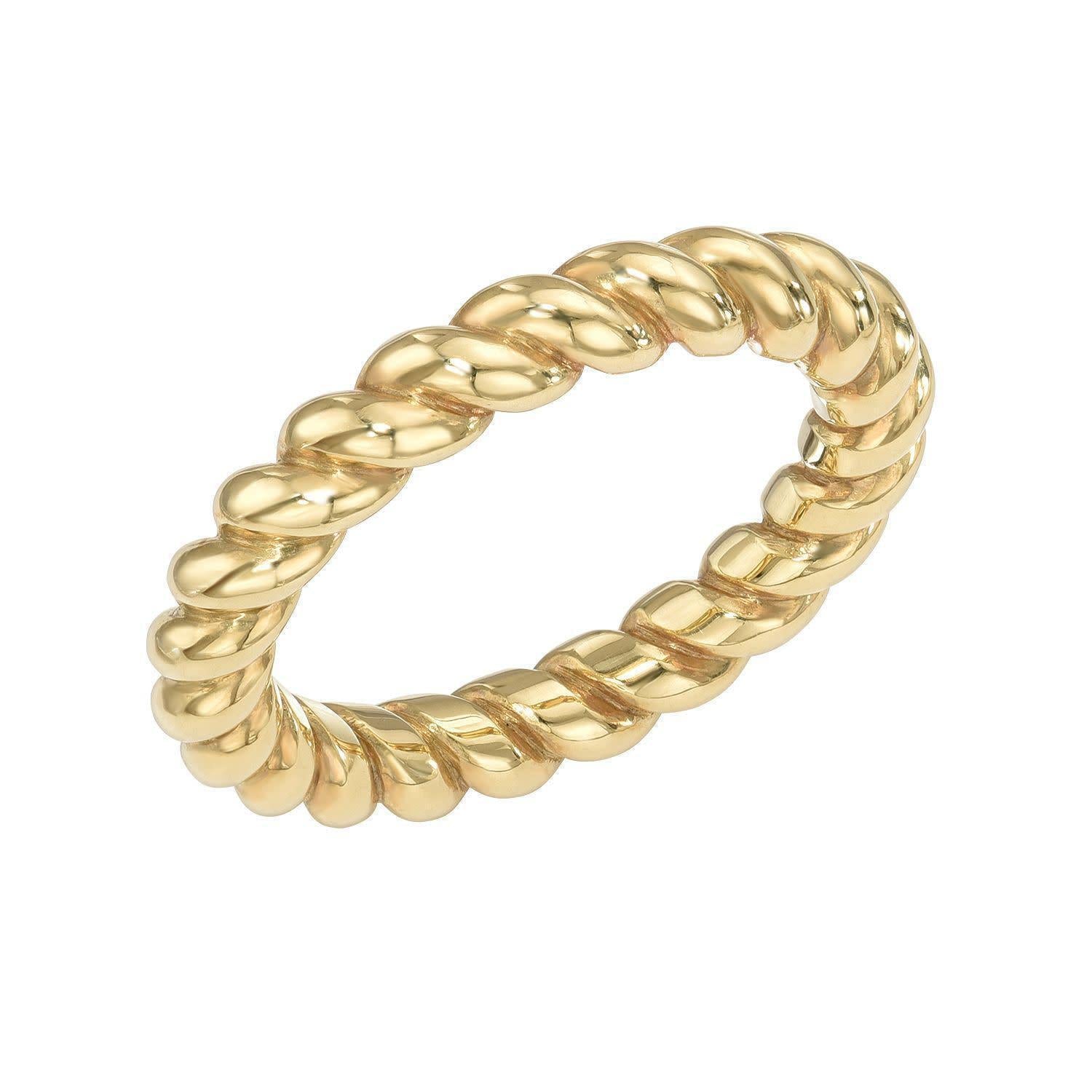 The Rope Ring showcases a twisted rope design with smooth, rounded segments and a polished finish, displayed on a white background.