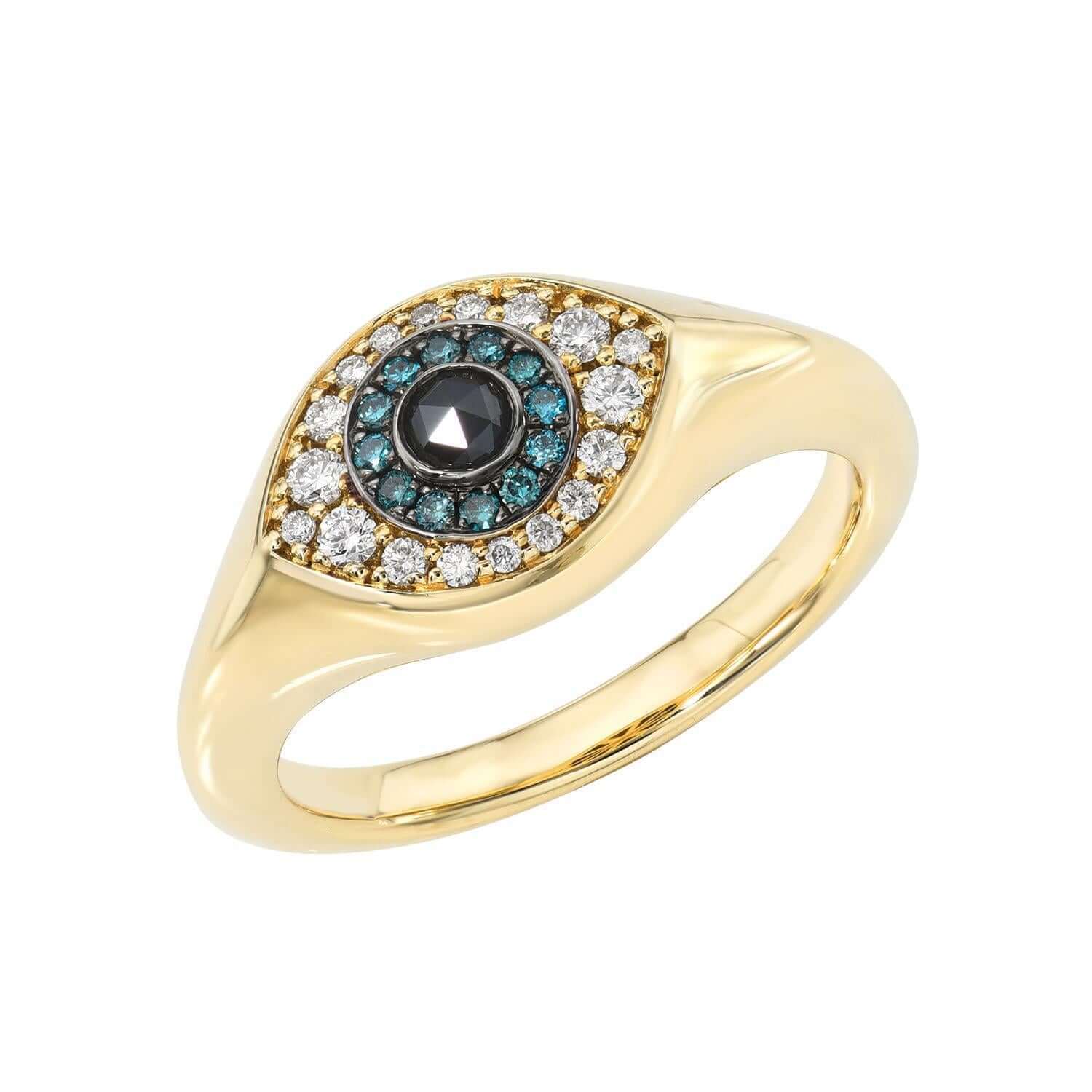The Evil Eye Pinkie Ring from Janet Heller Fine Jewelry
is crafted in 14KT gold and features an eye-shaped design with a central black diamond surrounded by smaller blue and white diamonds.