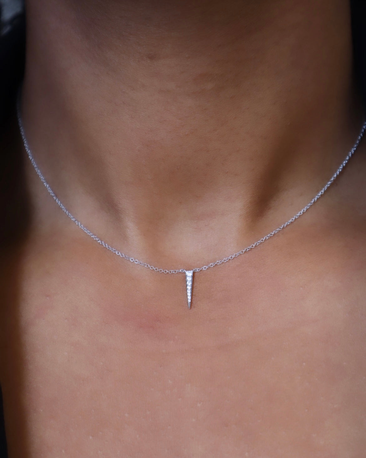 The Mini Diamond Dagger Necklace from Janet Heller Fine Jewelry is crafted in 14KT gold.  The delicate chain holds a spike-shaped pendant with small diamonds.  The adjustable necklace can be worn on its own or layered.