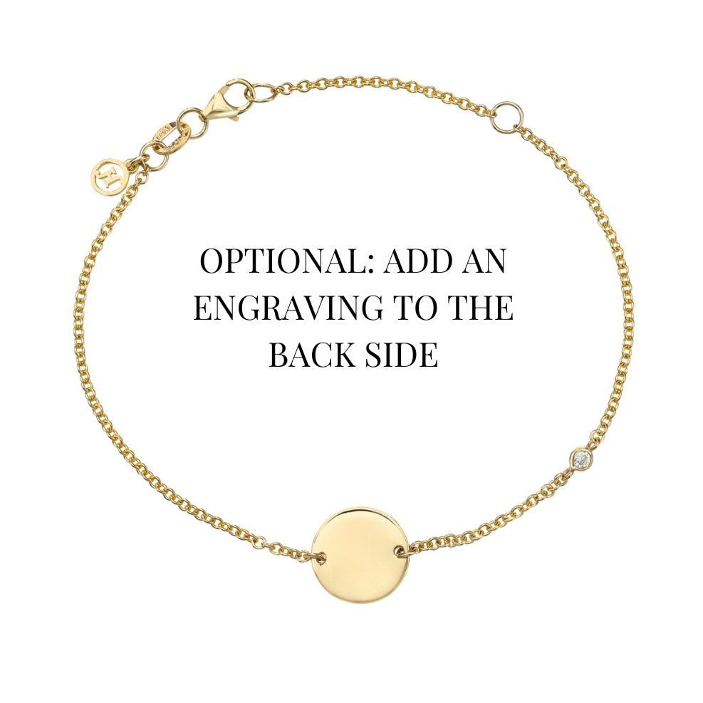 Part of the Sketch Collection, the Mini Diamond Sketch Bracelet is crafted in 14KT gold.  The delicate chain bracelet features a small diamond and a round engraveable charm.  The bracelet has an adjustable clasp and can be worn alone or layered with other bracelets.