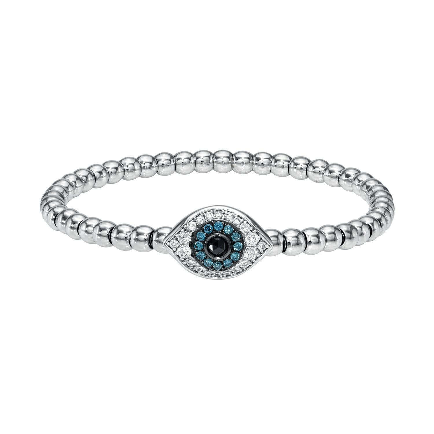 The Small Evil Eye Beaded Bracelet from Janet Heller Fine Jewelry is crafted in 14KT white gold and features and eye-shaped design with white, black and blue diamonds.  The bracelet can be worn alone or stacked with other bracelets.