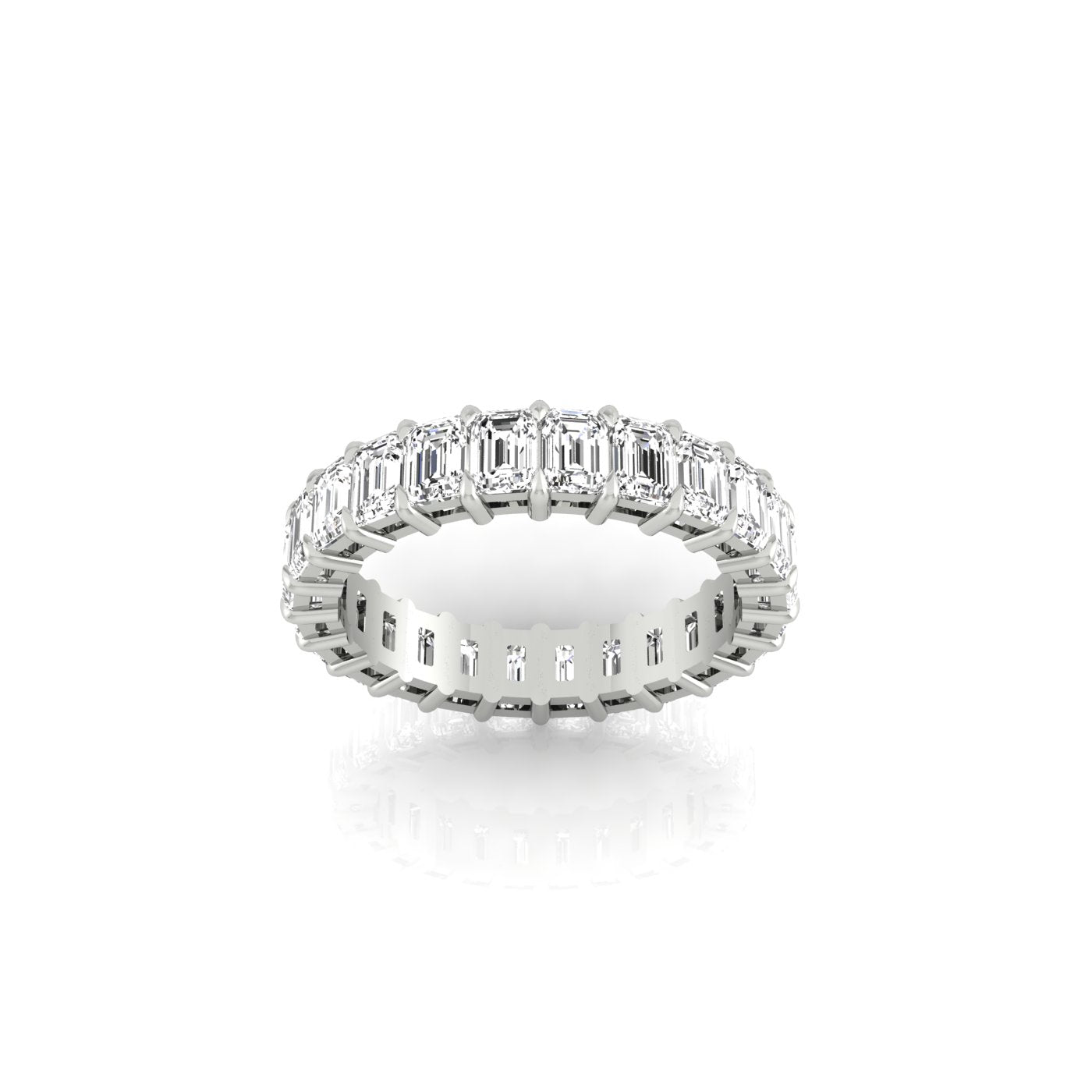 The Full Lab Grown Diamond Eternity Ring from Janet Heller Fine Jewelry, crafted in 18KT gold, features evenly spaced diamonds offered in various shapes and custom carat weights. The color of the diamonds is F and the clarity is VS. This is the perfect wedding band to be worn alone or stacked with your engagement ring.