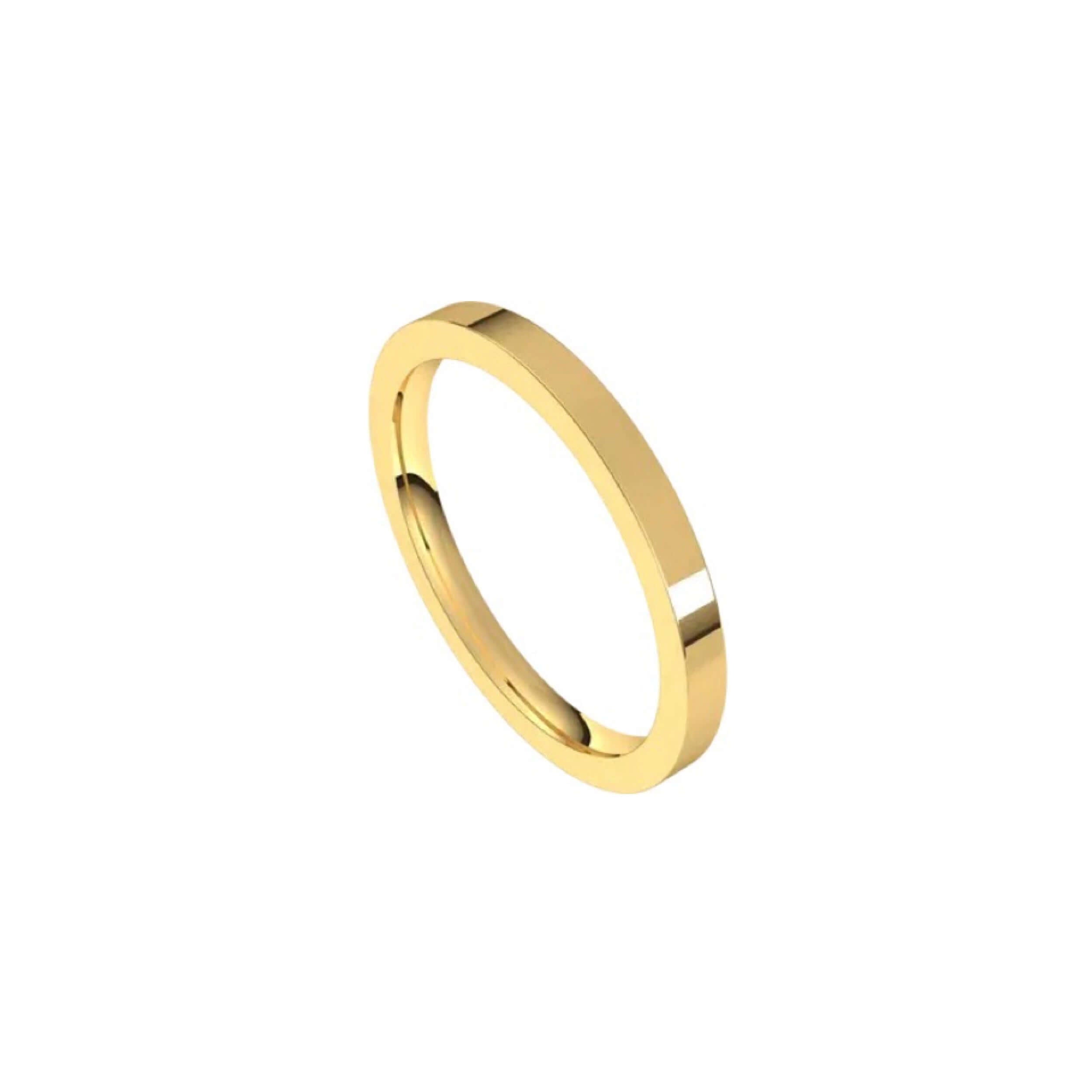 The 2mm Flat Wedding Ring from Janet Heller Fine Jewelry features a smooth and shiny polished 14KT gold surface. This ring is designed for both men and women. It can be stacked with your engagement ring or it can be worn alone as a men's wedding band.