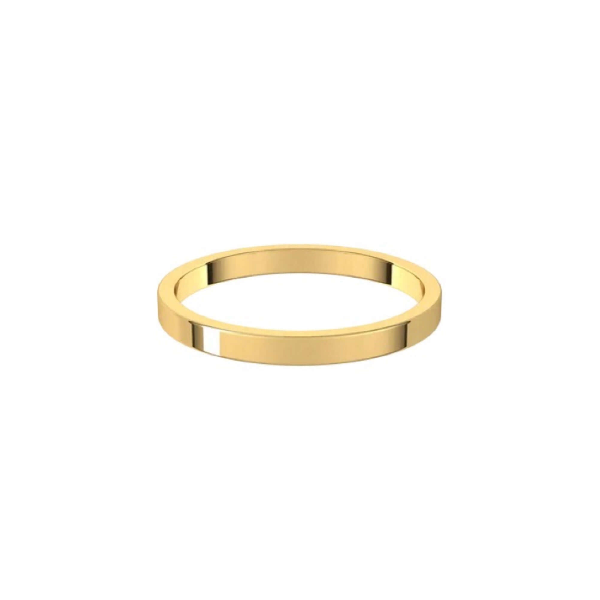 The 2mm Flat Wedding Ring from Janet Heller Fine Jewelry features a smooth and shiny polished 14KT gold surface. This ring is designed for both men and women.  It can be stacked with your engagement ring or it can be worn alone as a men's wedding band.